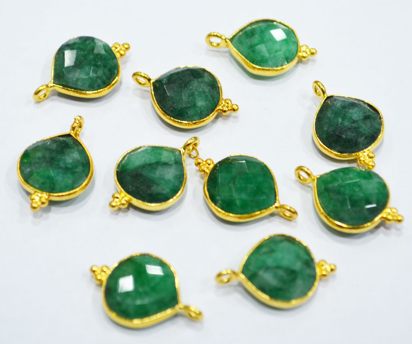Corundum Emerald Faceted Heart Shape Single Bail Connector With 1 Gm Gold Plating Charm , Sold By Piece , 13 mm , RB-6800