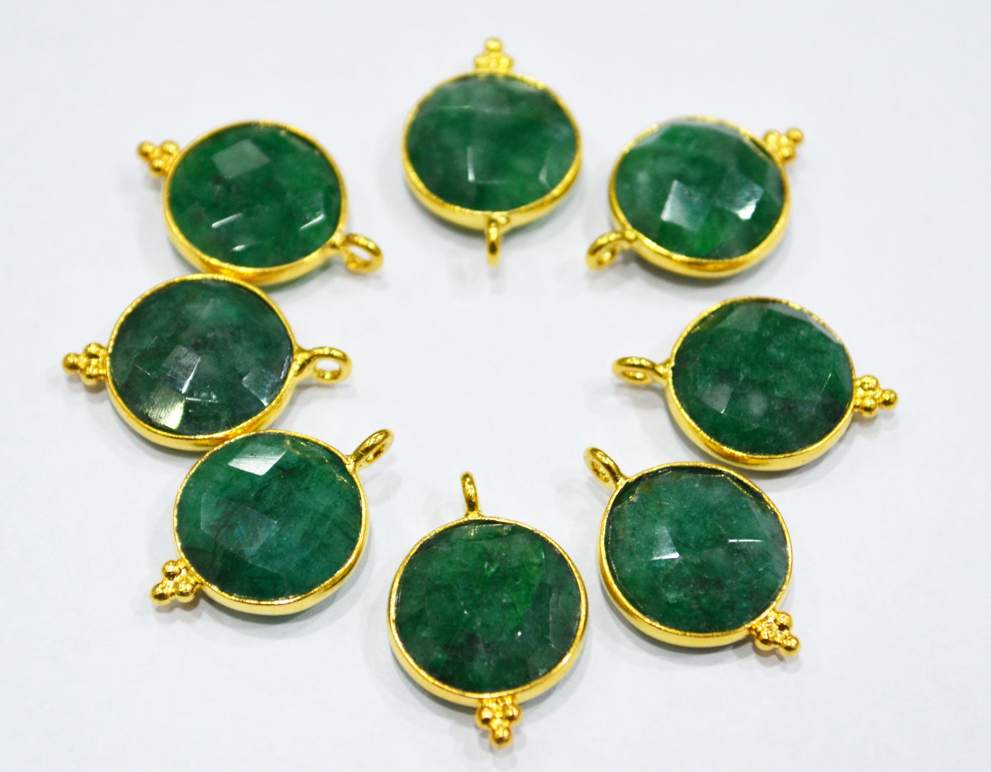 Corundum Emerald Faceted Coin Shape Single Bail Connector With 1 Gm Gold Plating Charm , Sold By Piece , 14 mm , RB-6801