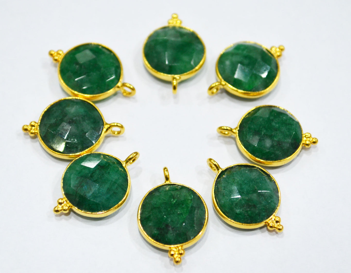 Corundum Emerald Faceted Coin Shape Single Bail Connector With 1 Gm Gold Plating Charm , Sold By Piece , 14 mm , RB-6801