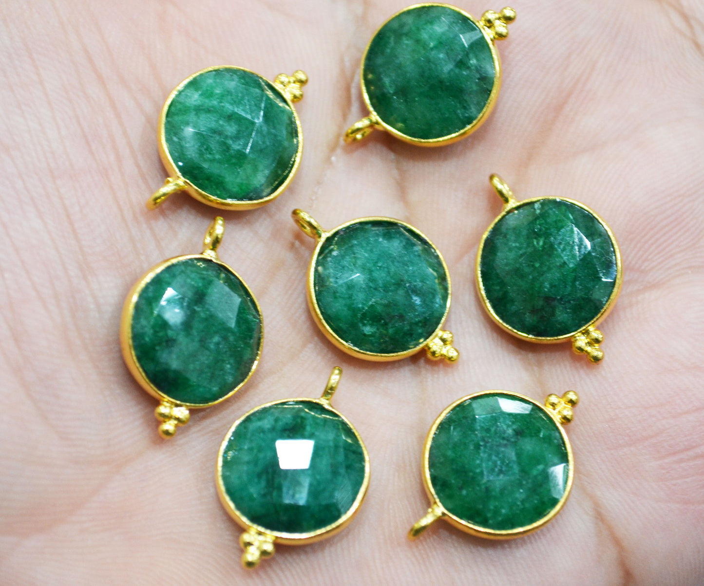 Corundum Emerald Faceted Coin Shape Single Bail Connector With 1 Gm Gold Plating Charm , Sold By Piece , 14 mm , RB-6801