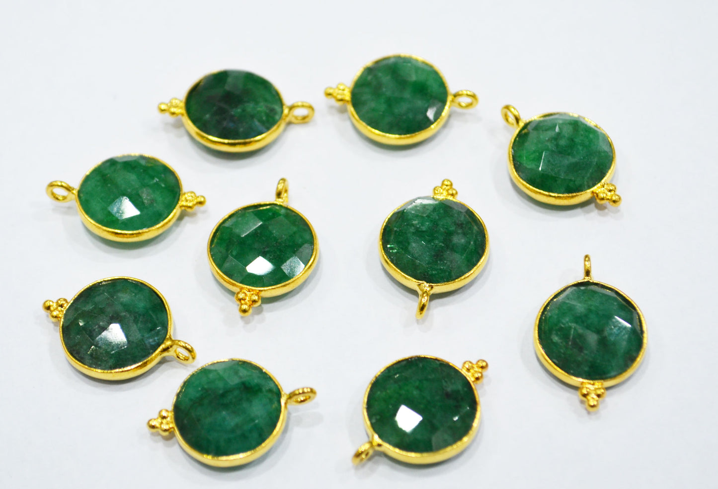 Corundum Emerald Faceted Coin Shape Single Bail Connector With 1 Gm Gold Plating Charm , Sold By Piece , 14 mm , RB-6801