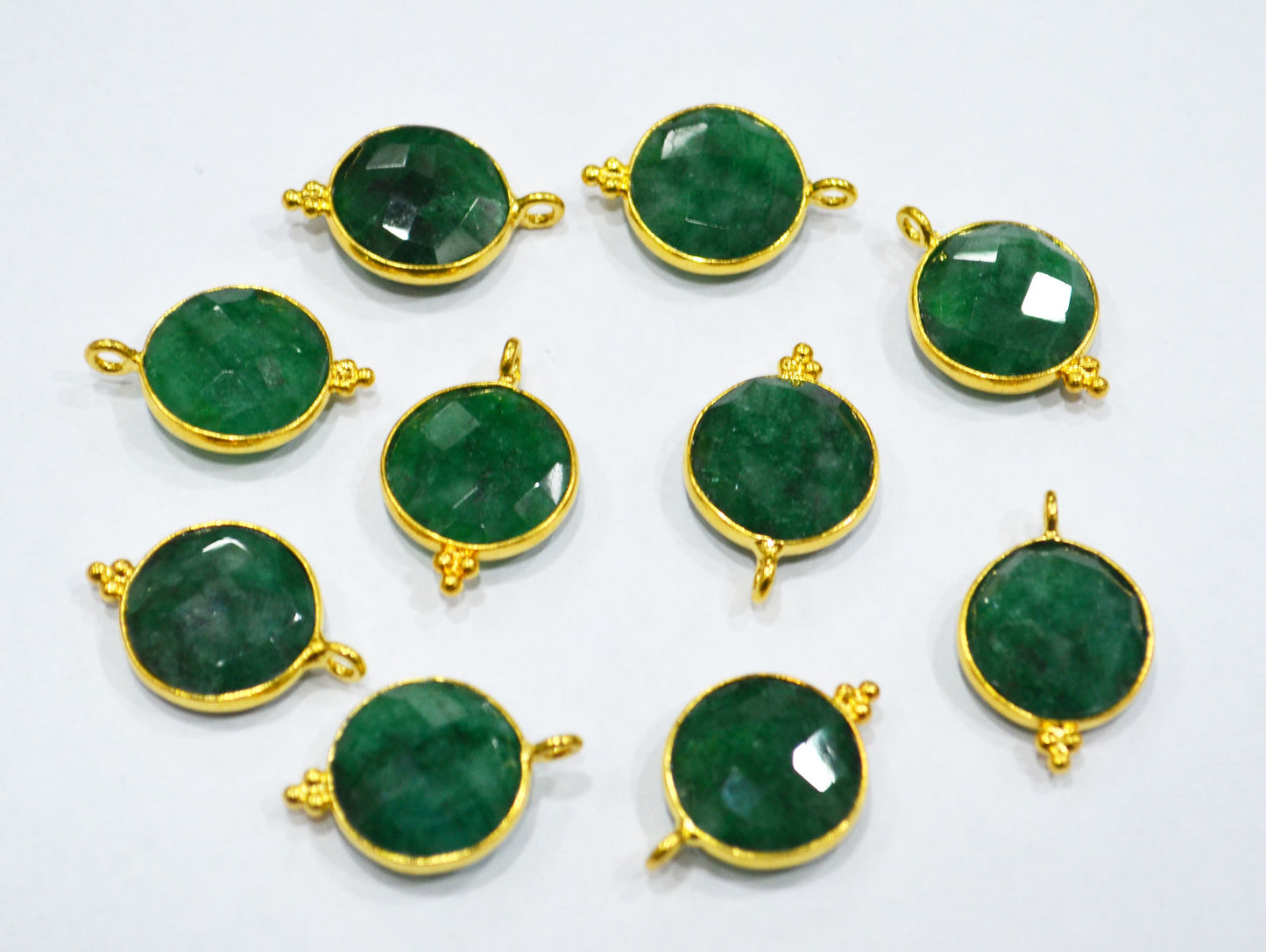 Corundum Emerald Faceted Coin Shape Single Bail Connector With 1 Gm Gold Plating Charm , Sold By Piece , 14 mm , RB-6801