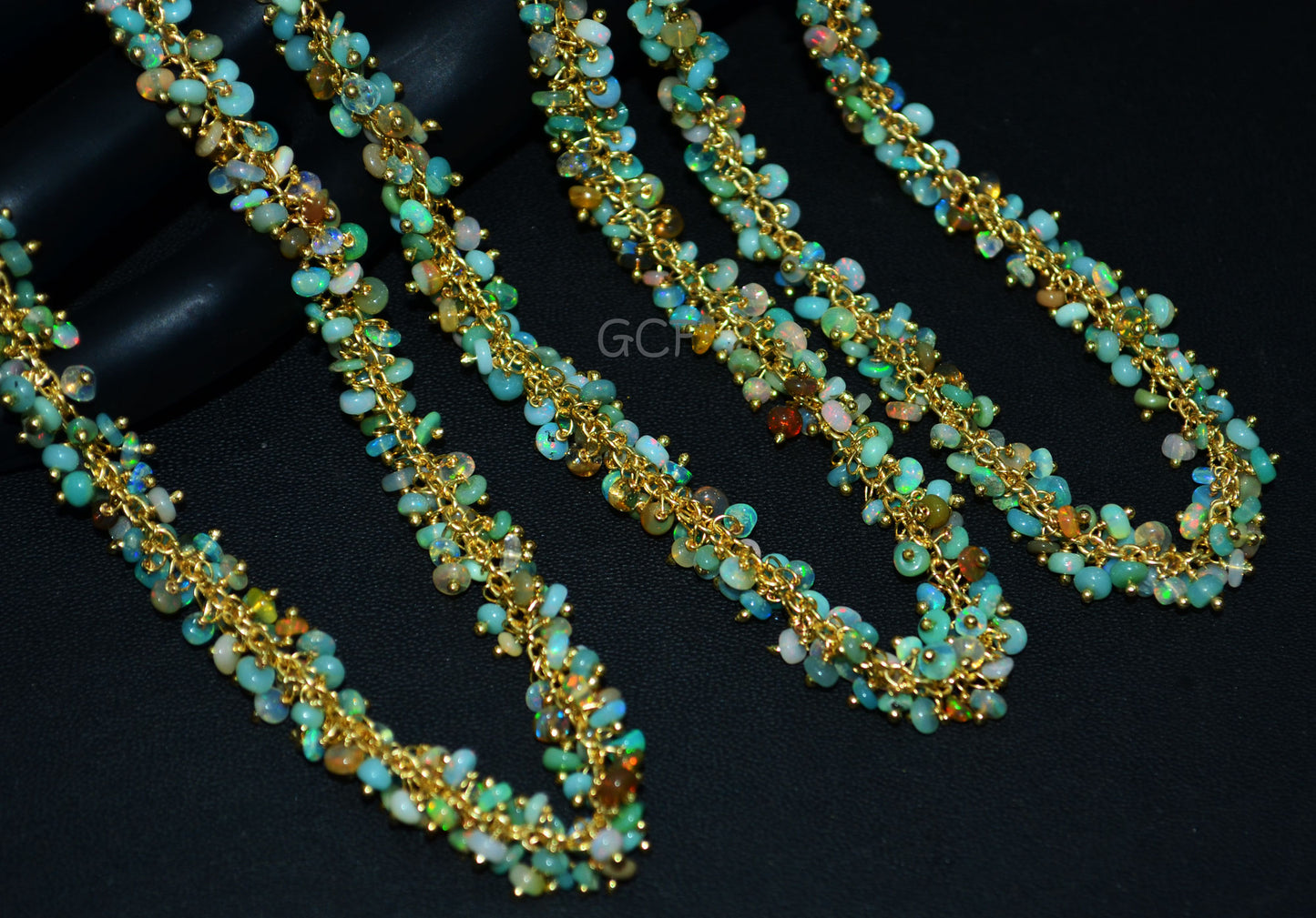 Ethiopian Opal Smooth Rondelle Shape Grape Chain , Ethiopian Opal Angoori Cluster Wire Wrapped Chain , 3 - 4 mm , 6877