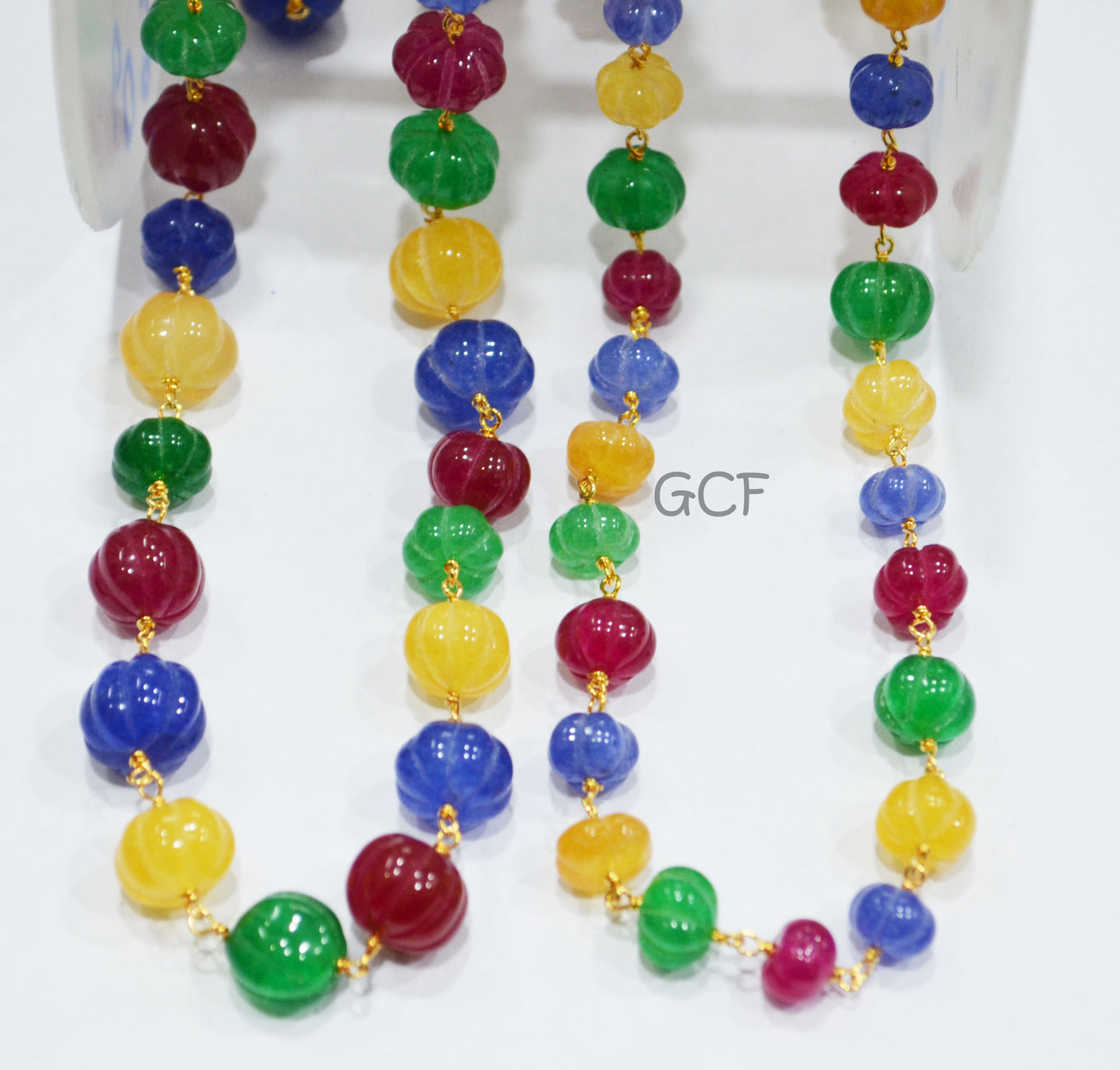 Ruby , Emerald And Sapphire Quartz Carved Melon Rosary Chain , Multi Dyed Natural Quartz Wire Wrapped Chain , 9 - 11 mm , 6878
