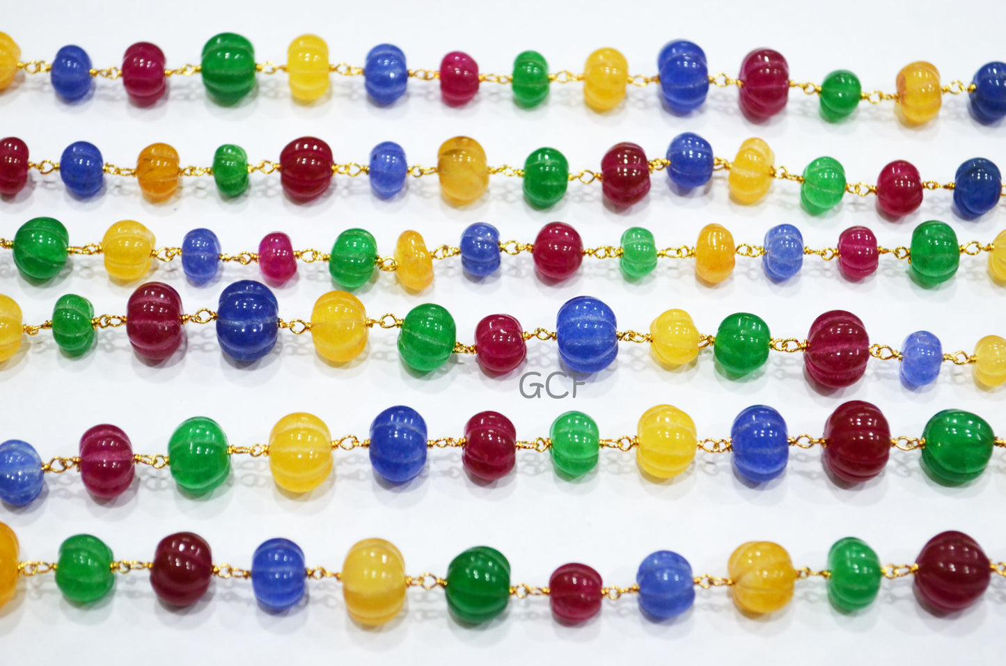 Ruby , Emerald And Sapphire Quartz Carved Melon Rosary Chain , Multi Dyed Natural Quartz Wire Wrapped Chain , 9 - 11 mm , 6878
