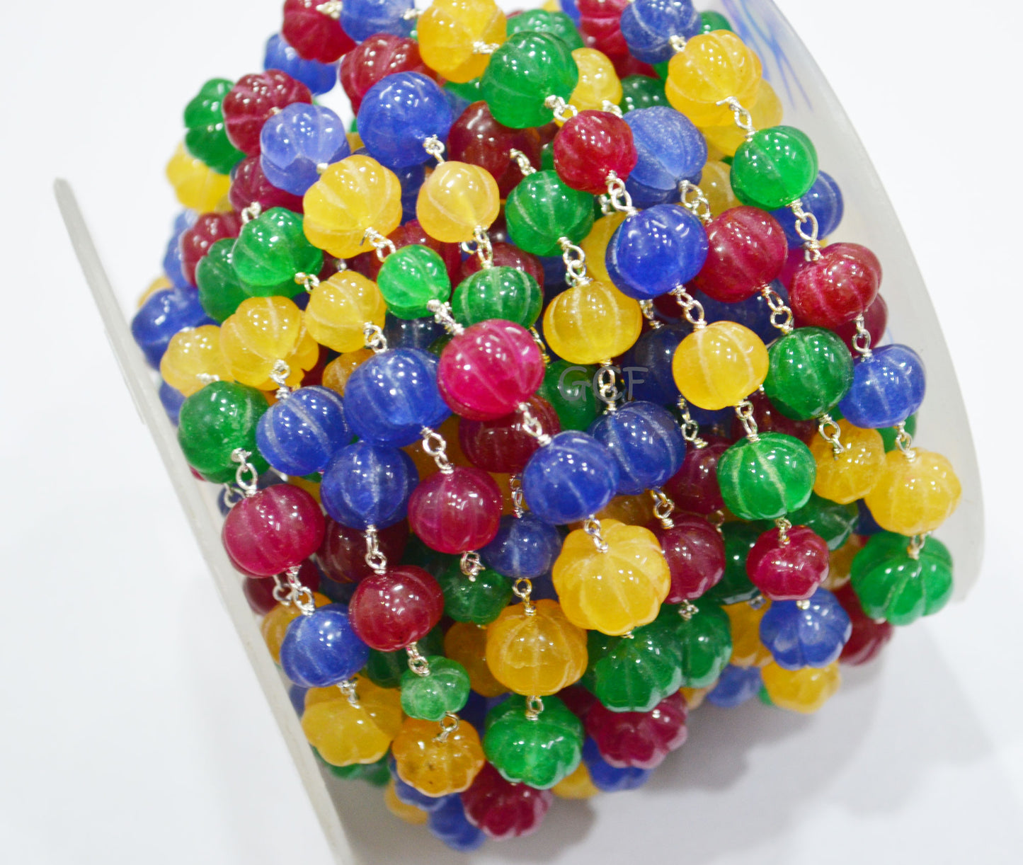 Ruby , Emerald And Sapphire Quartz Carved Melon Rosary Chain , Multi Dyed Natural Quartz Wire Wrapped Chain , 9 - 11 mm , 6878