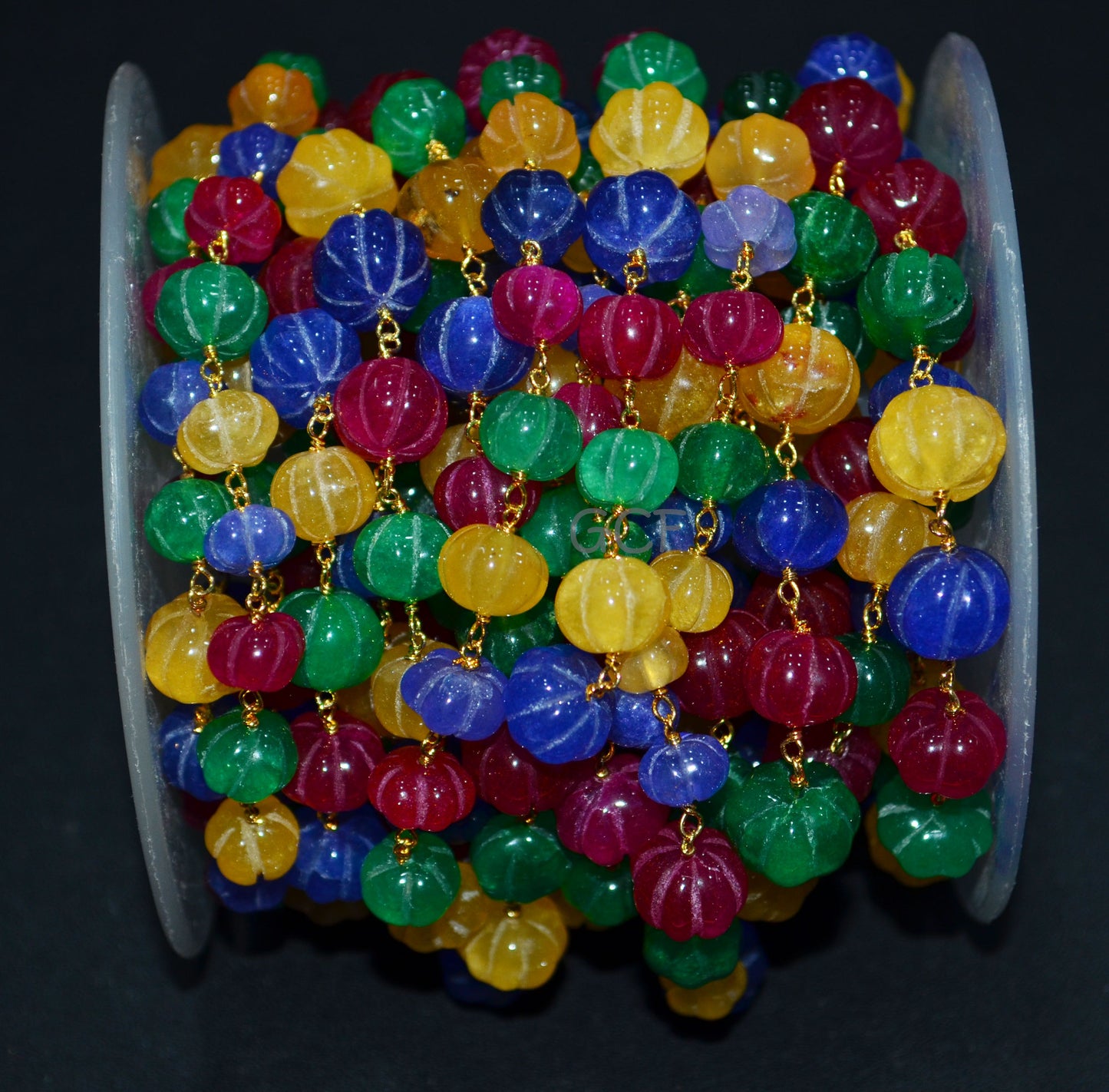 Ruby , Emerald And Sapphire Quartz Carved Melon Rosary Chain , Multi Dyed Natural Quartz Wire Wrapped Chain , 9 - 11 mm , 6878