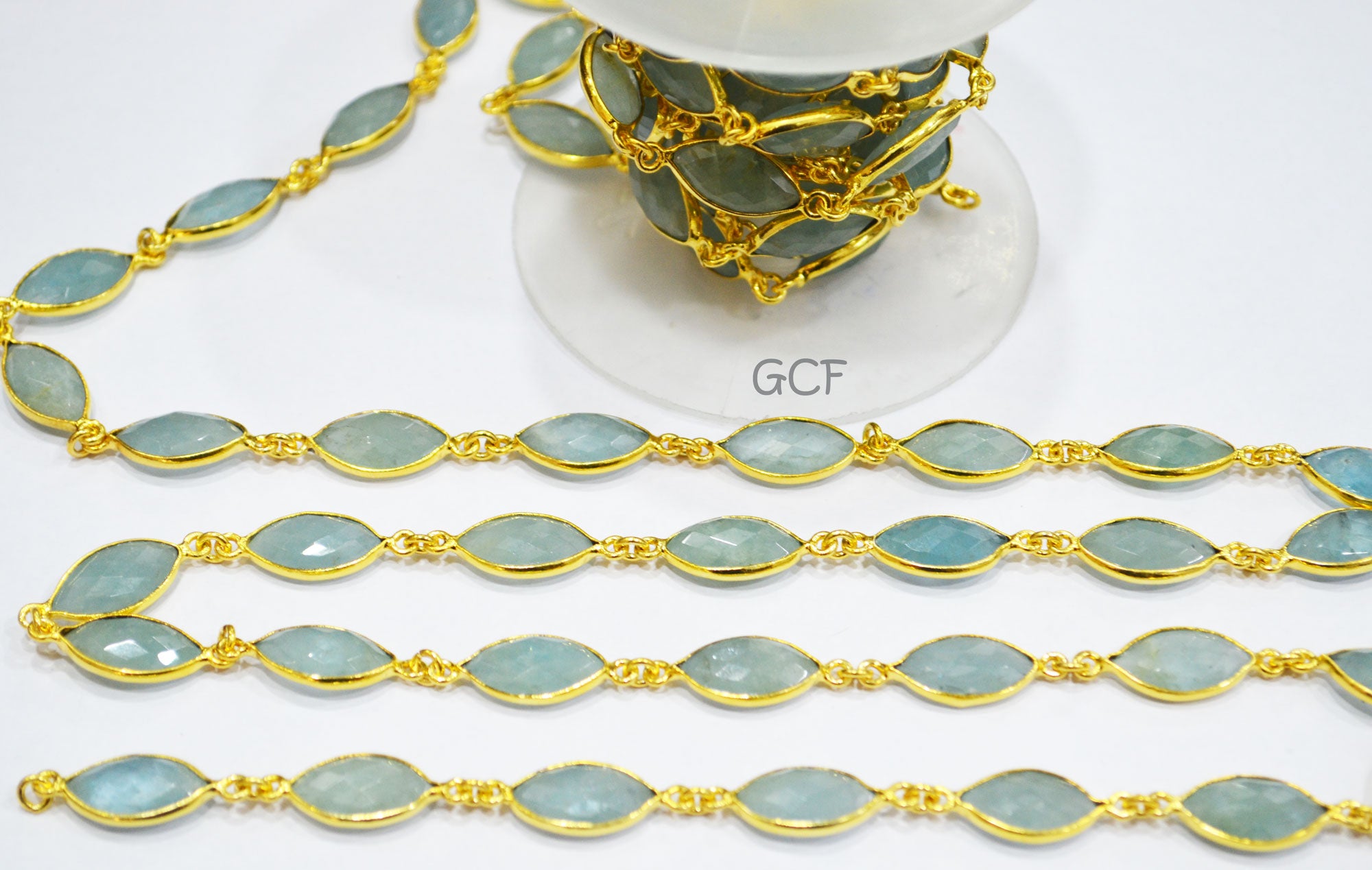 Milky Aquamarine Faceted Marquise Shape Connector Chain , Milky Aquamarine Marquise Shape Bezel Chain , 9x16 - 9x17 mm , 6885