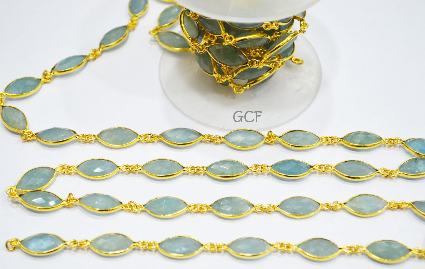 Milky Aquamarine Faceted Marquise Shape Connector Chain , Milky Aquamarine Marquise Shape Bezel Chain , 9x16 - 9x17 mm , 6885