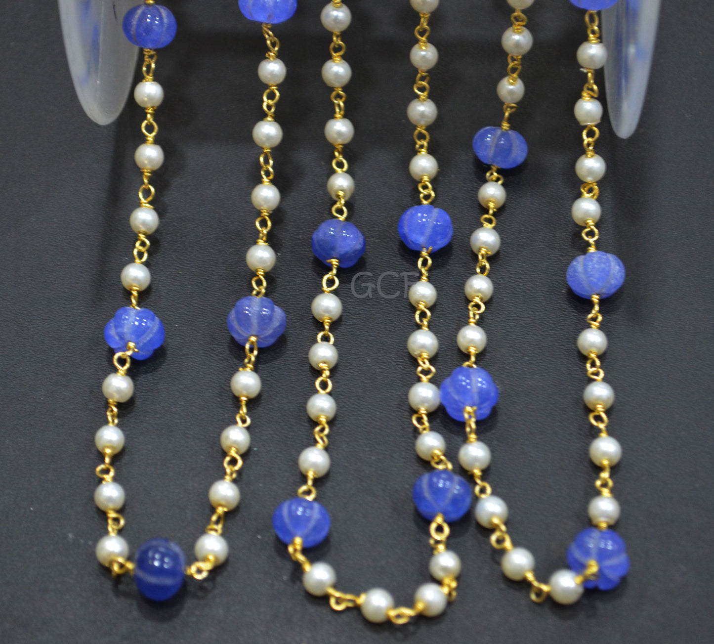 Tanzanite Dyed Quartz Carved Melons With Hydro Glass Pearl Smooth Round Rosary Beaded Chain , 4 - 10 mm , 6886
