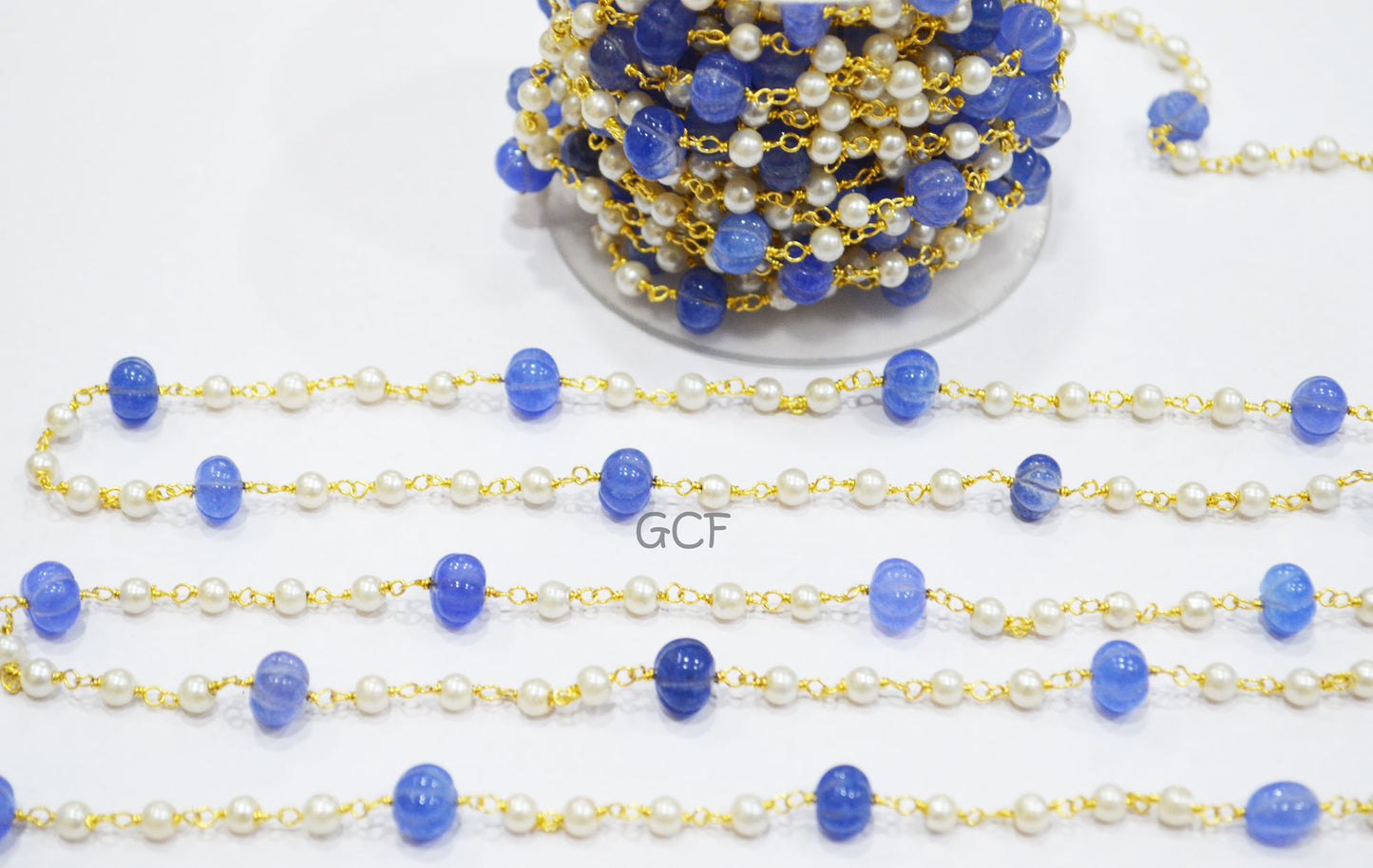 Tanzanite Dyed Quartz Carved Melons With Hydro Glass Pearl Smooth Round Rosary Beaded Chain , 4 - 10 mm , 6886