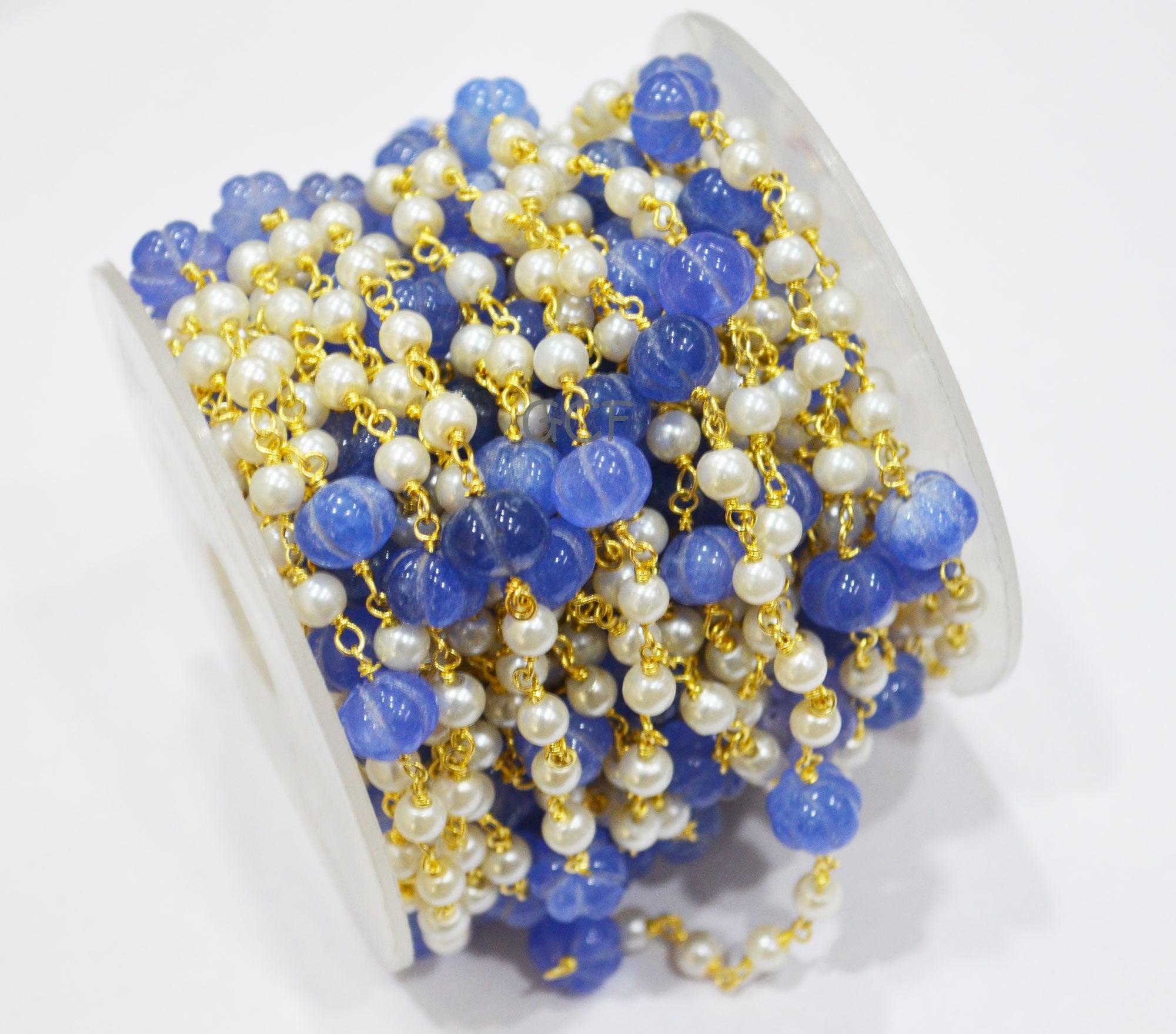 Tanzanite Dyed Quartz Carved Melons With Hydro Glass Pearl Smooth Round Rosary Beaded Chain , 4 - 10 mm , 6886