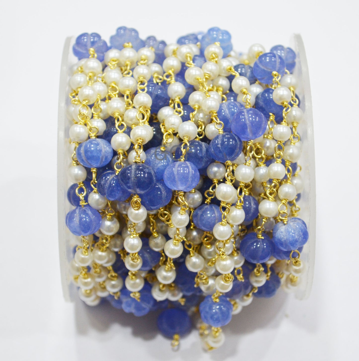 Tanzanite Dyed Quartz Carved Melons With Hydro Glass Pearl Smooth Round Rosary Beaded Chain , 4 - 10 mm , 6886