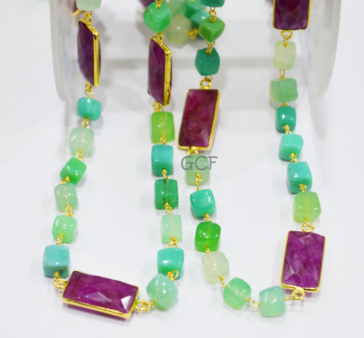 Chrysoprase Chalcedony Smooth Cube Shape Rosary Beaded Chain ,Dyed Ruby Faceted Connector Wire Wrapped Chain , 7 - 9 mm ,6887