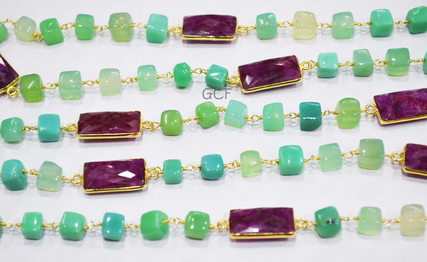 Chrysoprase Chalcedony Smooth Cube Shape Rosary Beaded Chain ,Dyed Ruby Faceted Connector Wire Wrapped Chain , 7 - 9 mm ,6887