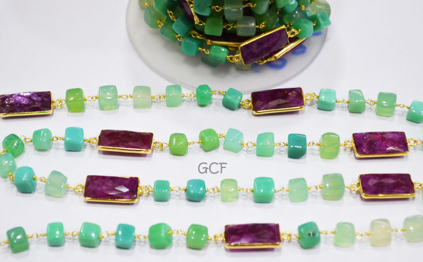 Chrysoprase Chalcedony Smooth Cube Shape Rosary Beaded Chain ,Dyed Ruby Faceted Connector Wire Wrapped Chain , 7 - 9 mm ,6887