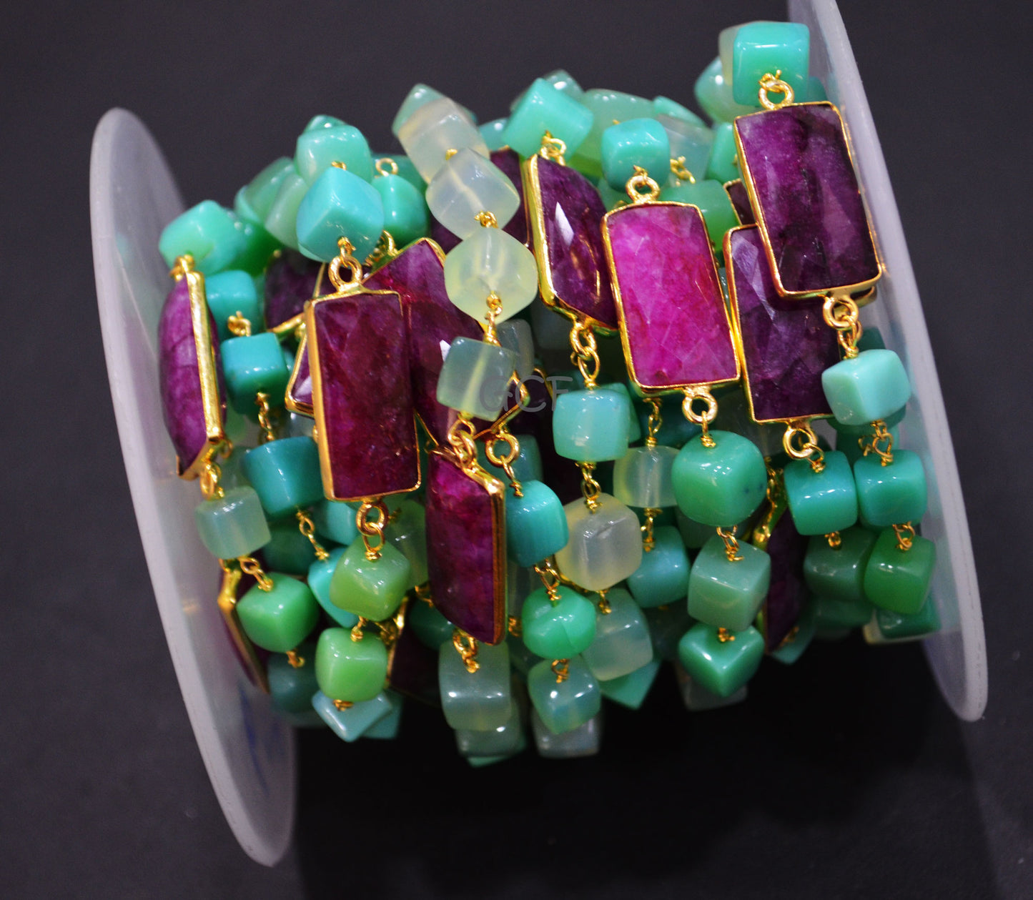 Chrysoprase Chalcedony Smooth Cube Shape Rosary Beaded Chain ,Dyed Ruby Faceted Connector Wire Wrapped Chain , 7 - 9 mm ,6887