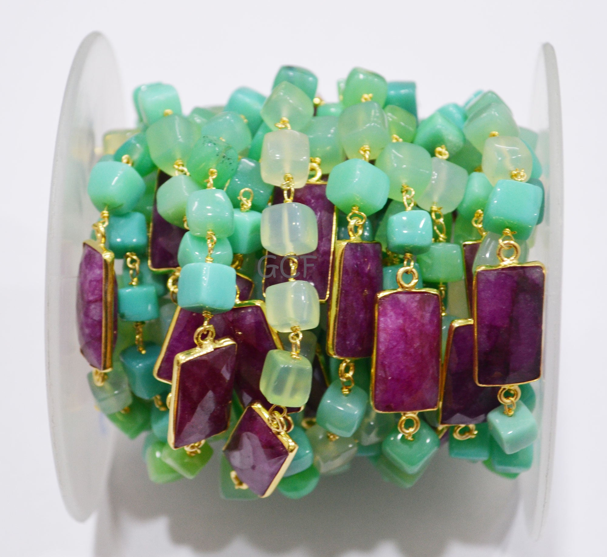 Chrysoprase Chalcedony Smooth Cube Shape Rosary Beaded Chain ,Dyed Ruby Faceted Connector Wire Wrapped Chain , 7 - 9 mm ,6887