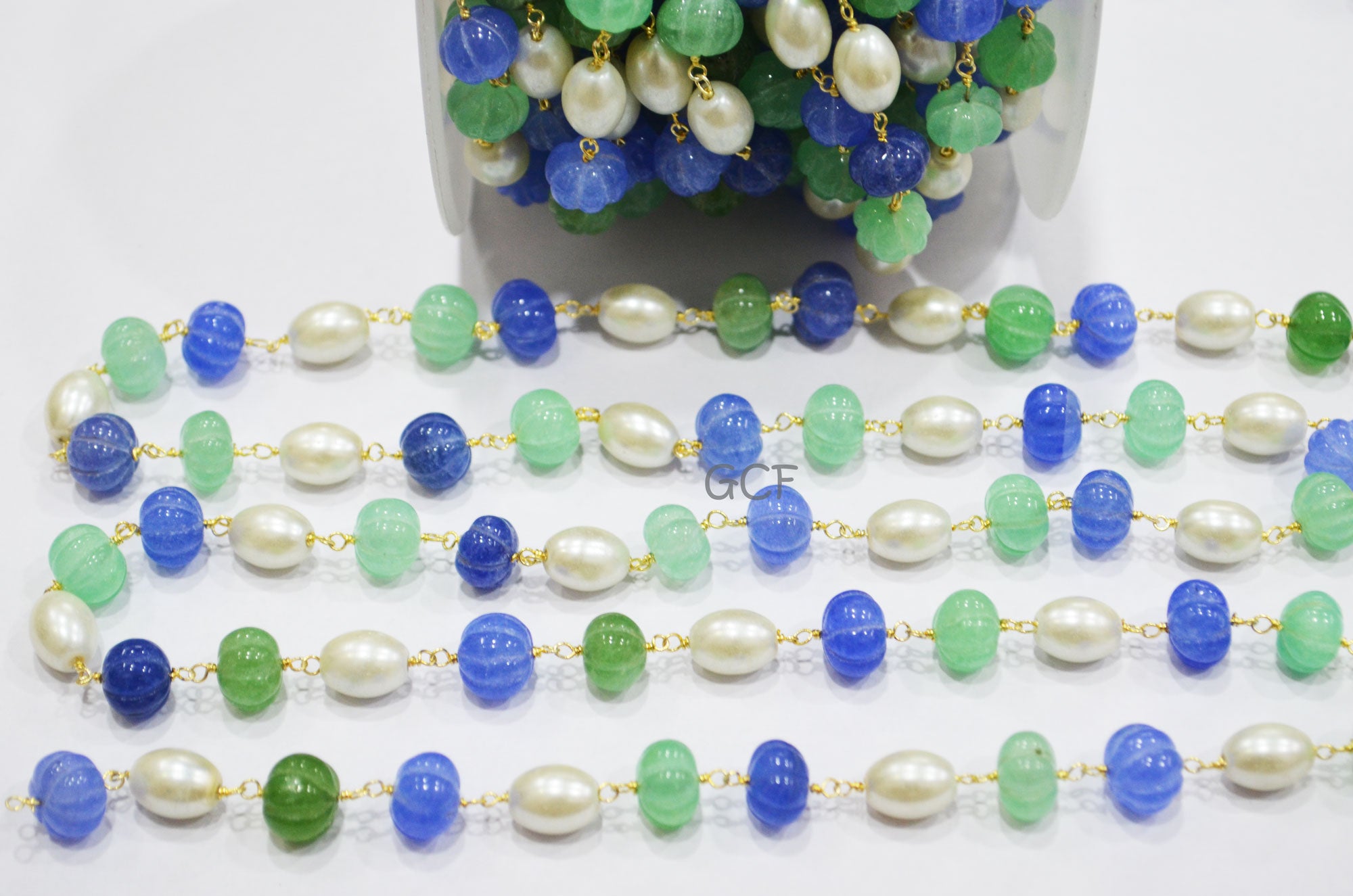 Tanzanite Dyed Quartz And Natural Emerald Carved Melons With Hydro Pearl Smooth Capsule Rosary Beaded Chain , 9 - 10 mm ,6888