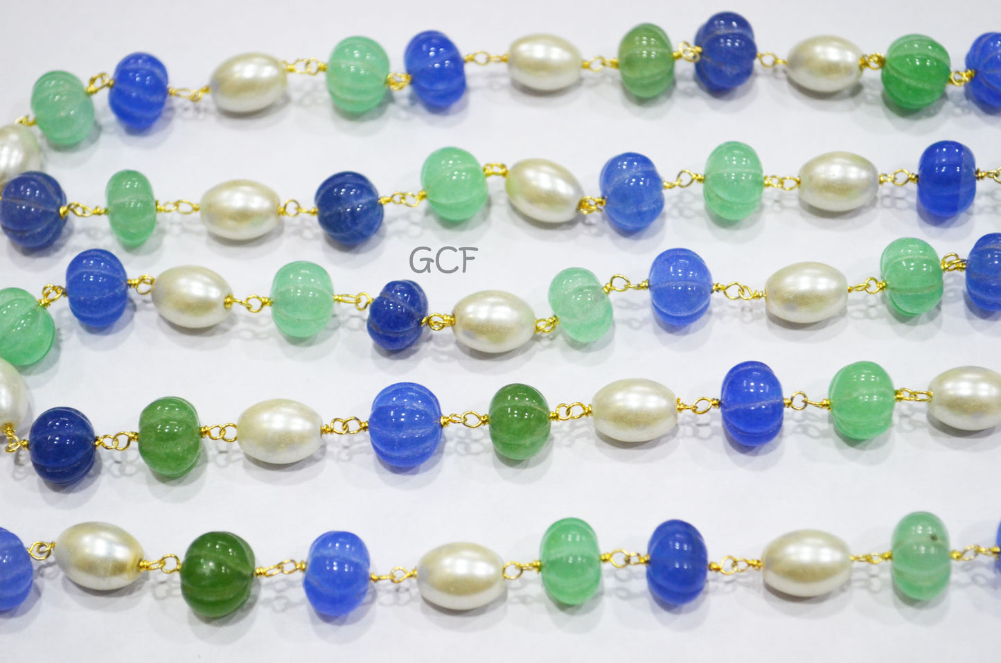 Tanzanite Dyed Quartz And Natural Emerald Carved Melons With Hydro Pearl Smooth Capsule Rosary Beaded Chain , 9 - 10 mm ,6888
