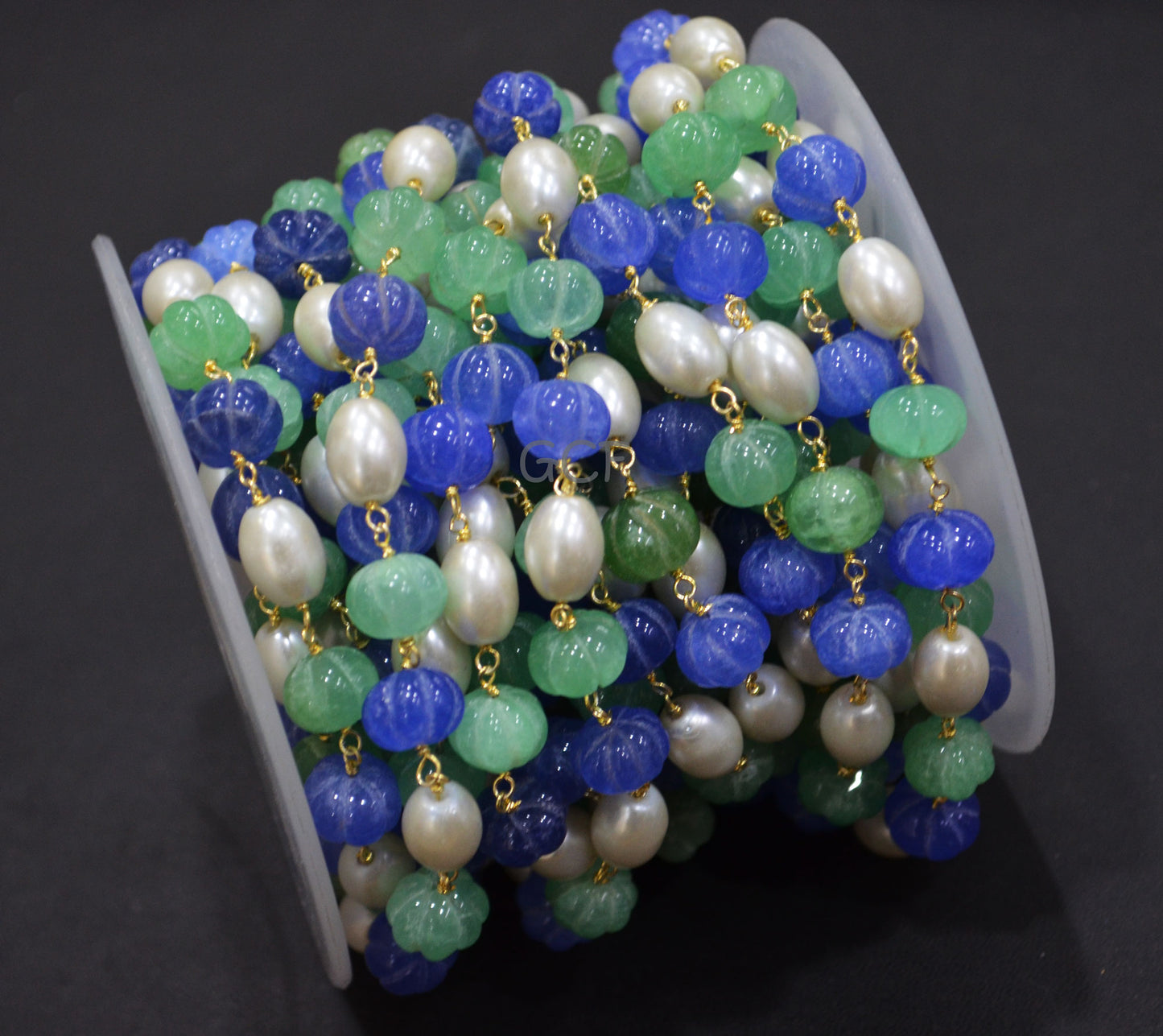 Tanzanite Dyed Quartz And Natural Emerald Carved Melons With Hydro Pearl Smooth Capsule Rosary Beaded Chain , 9 - 10 mm ,6888