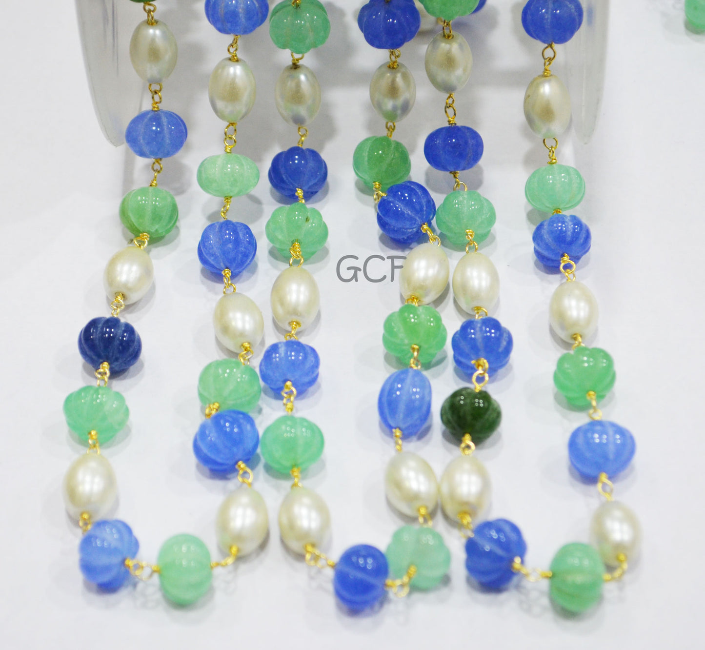 Tanzanite Dyed Quartz And Natural Emerald Carved Melons With Hydro Pearl Smooth Capsule Rosary Beaded Chain , 9 - 10 mm ,6888