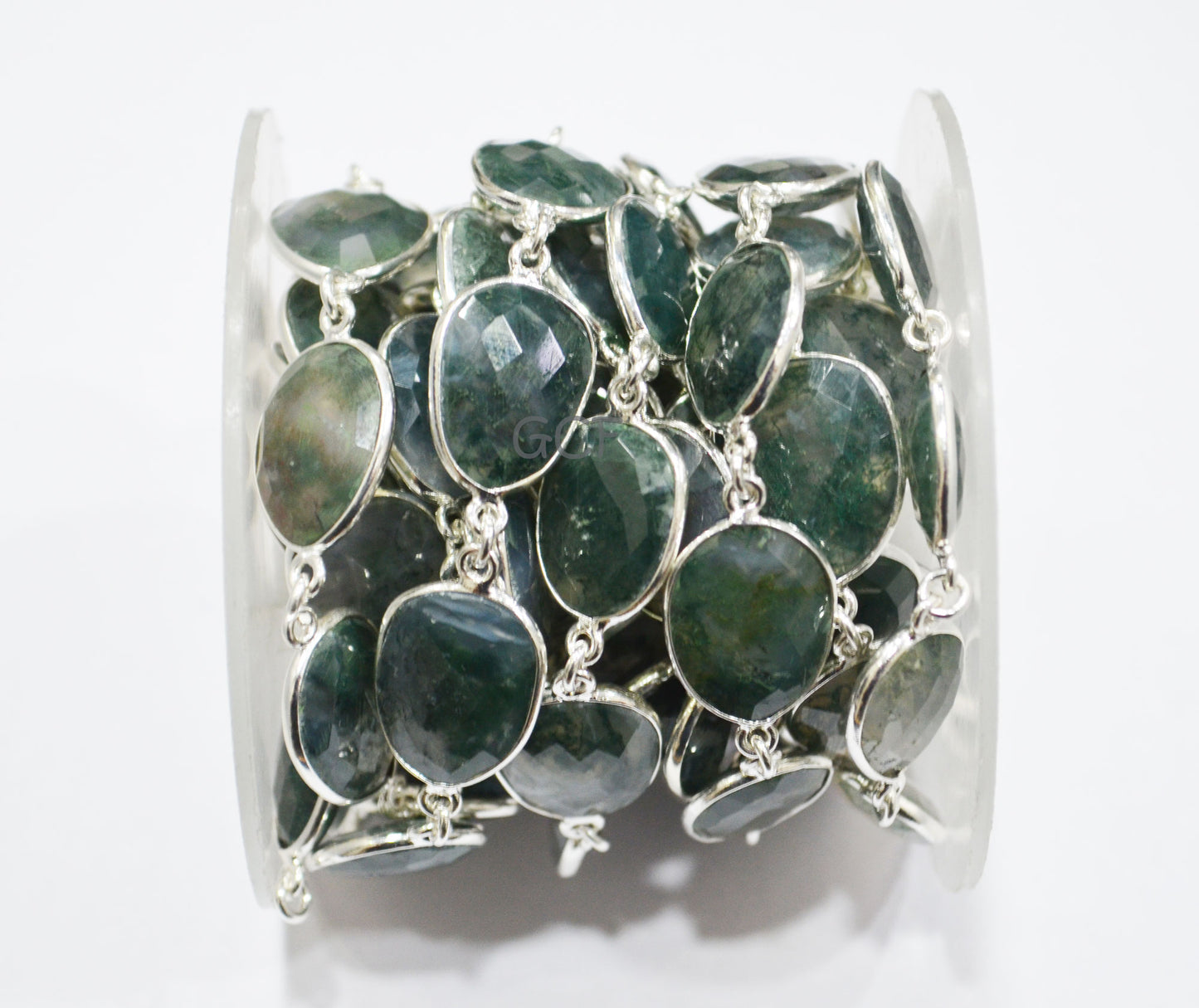 Moss Ocean Agate Faceted Free Form Connector Chain , Moss Ocean Agate Slice Shape Bezel Link Chain , 12x15 - 15x19 mm , 6889