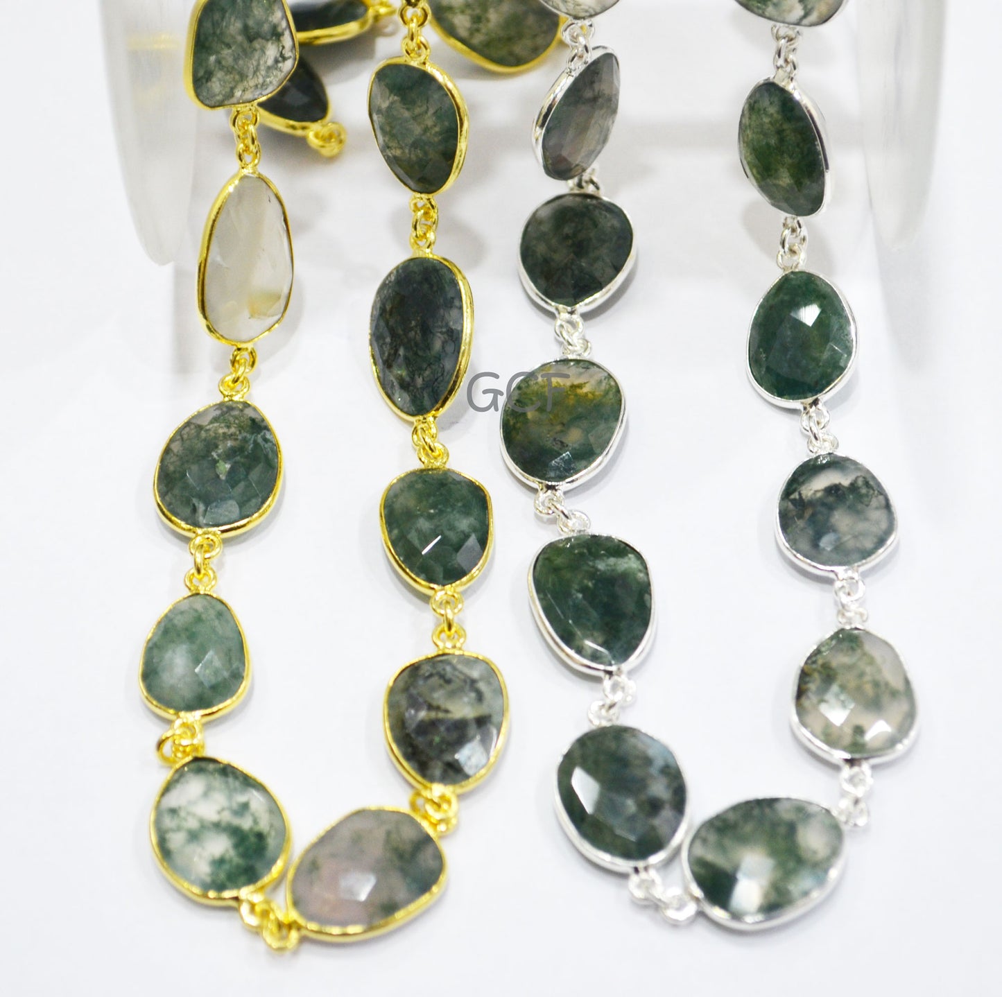 Moss Ocean Agate Faceted Free Form Connector Chain , Moss Ocean Agate Slice Shape Bezel Link Chain , 12x15 - 15x19 mm , 6889