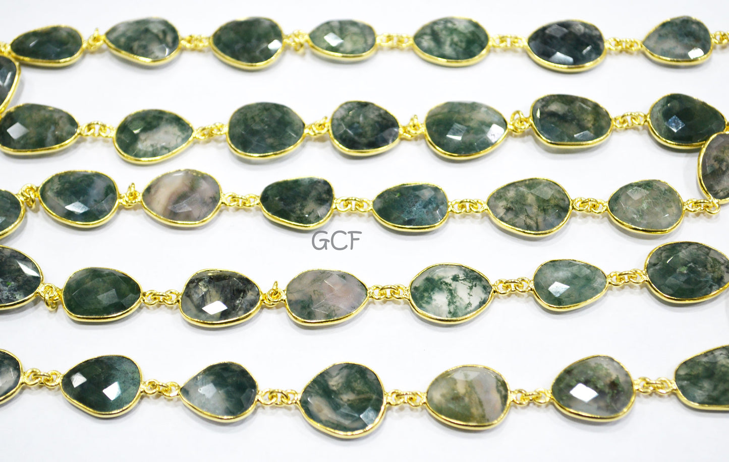 Moss Ocean Agate Faceted Free Form Connector Chain , Moss Ocean Agate Slice Shape Bezel Link Chain , 12x15 - 15x19 mm , 6889
