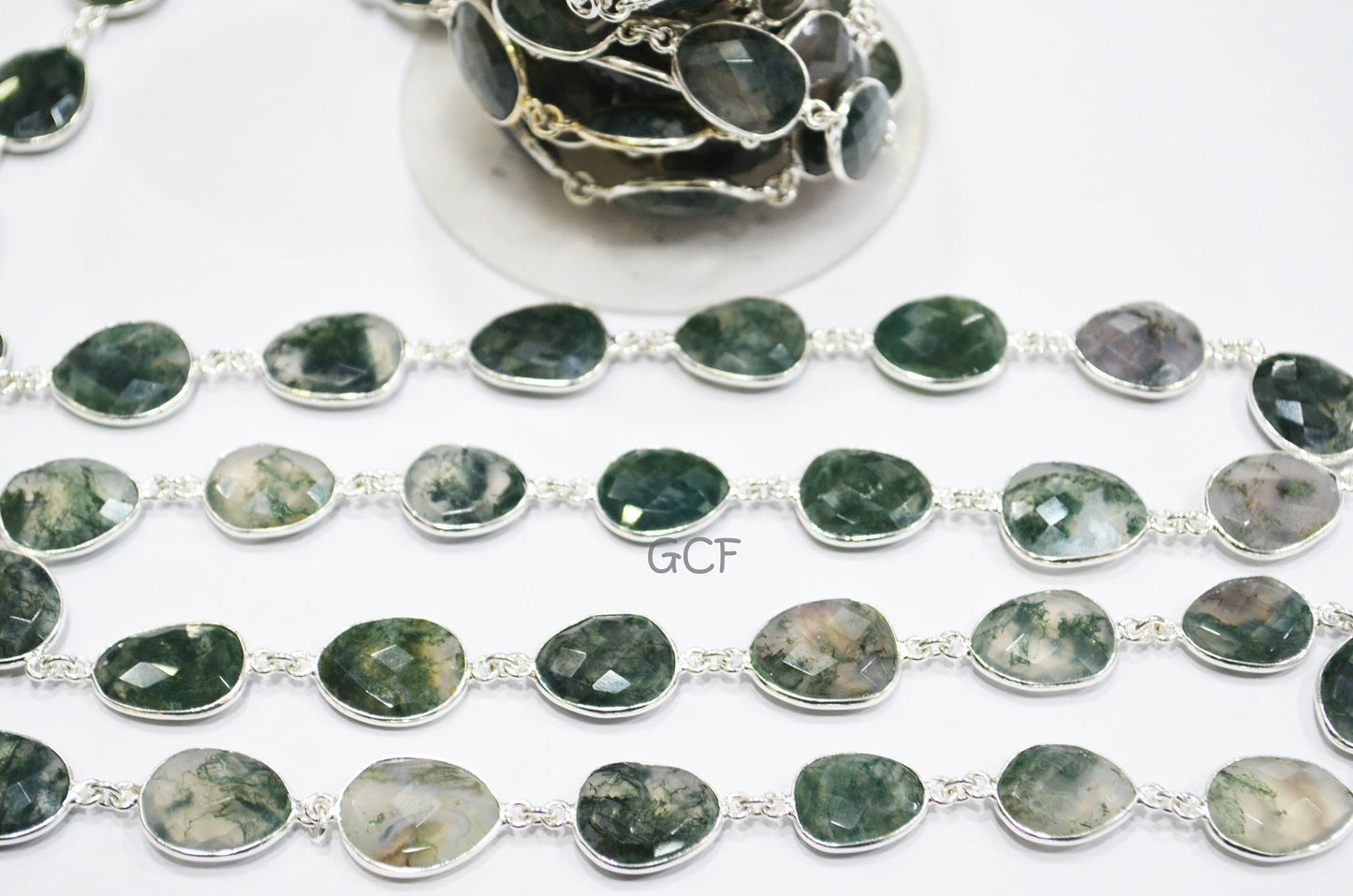 Moss Ocean Agate Faceted Free Form Connector Chain , Moss Ocean Agate Slice Shape Bezel Link Chain , 12x15 - 15x19 mm , 6889