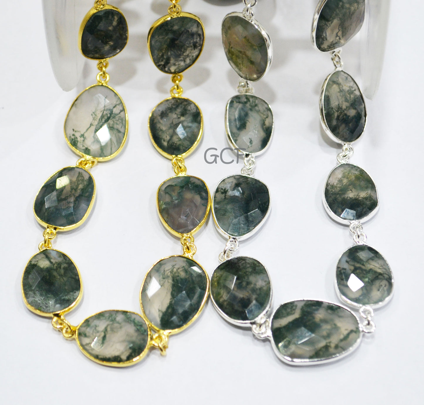 Moss Ocean Agate Faceted Free Form Connector Chain , Moss Ocean Agate Slice Shape Bezel Link Chain , 14x17 - 17x22 mm , 6890