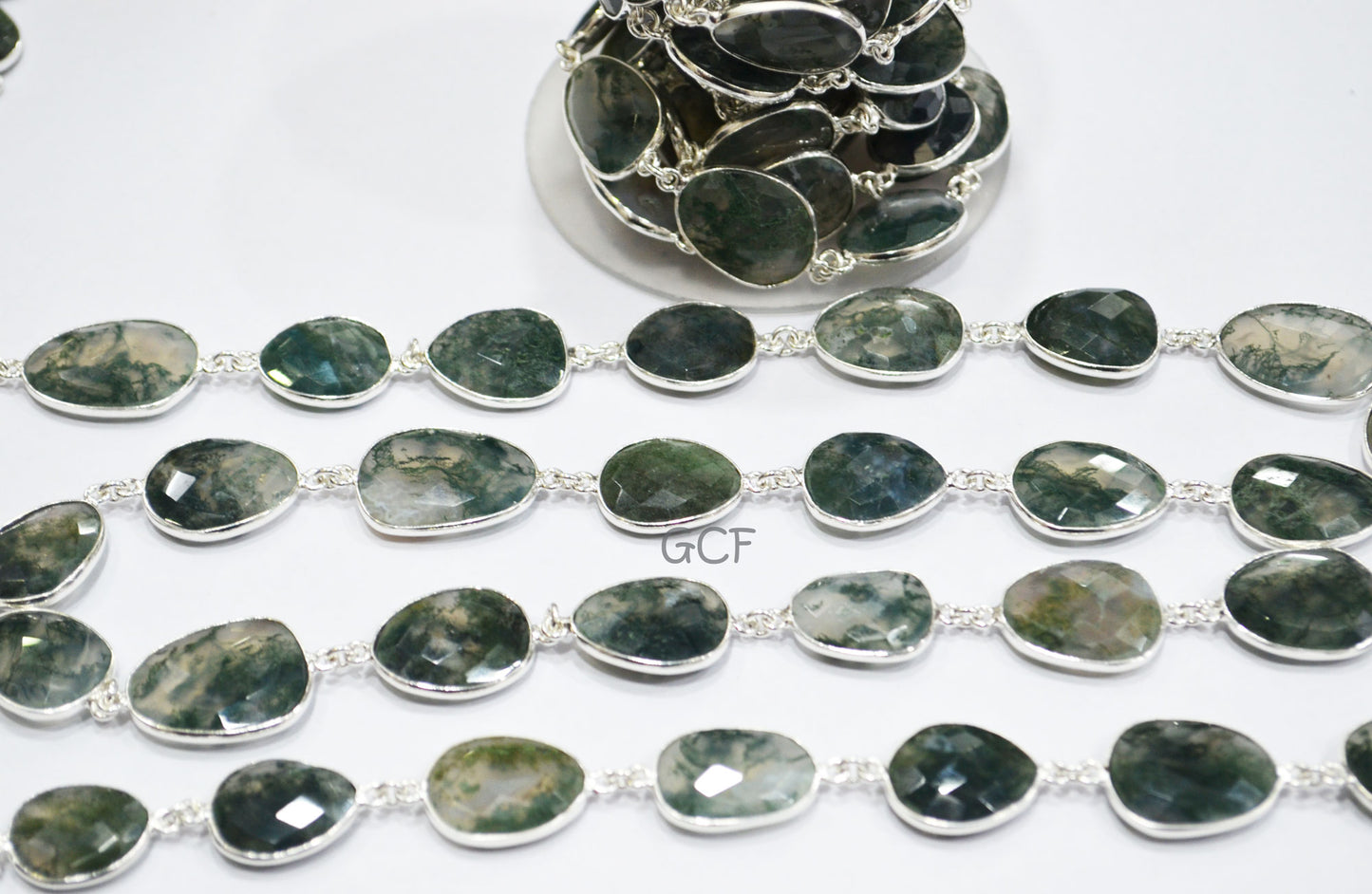 Moss Ocean Agate Faceted Free Form Connector Chain , Moss Ocean Agate Slice Shape Bezel Link Chain , 14x17 - 17x22 mm , 6890
