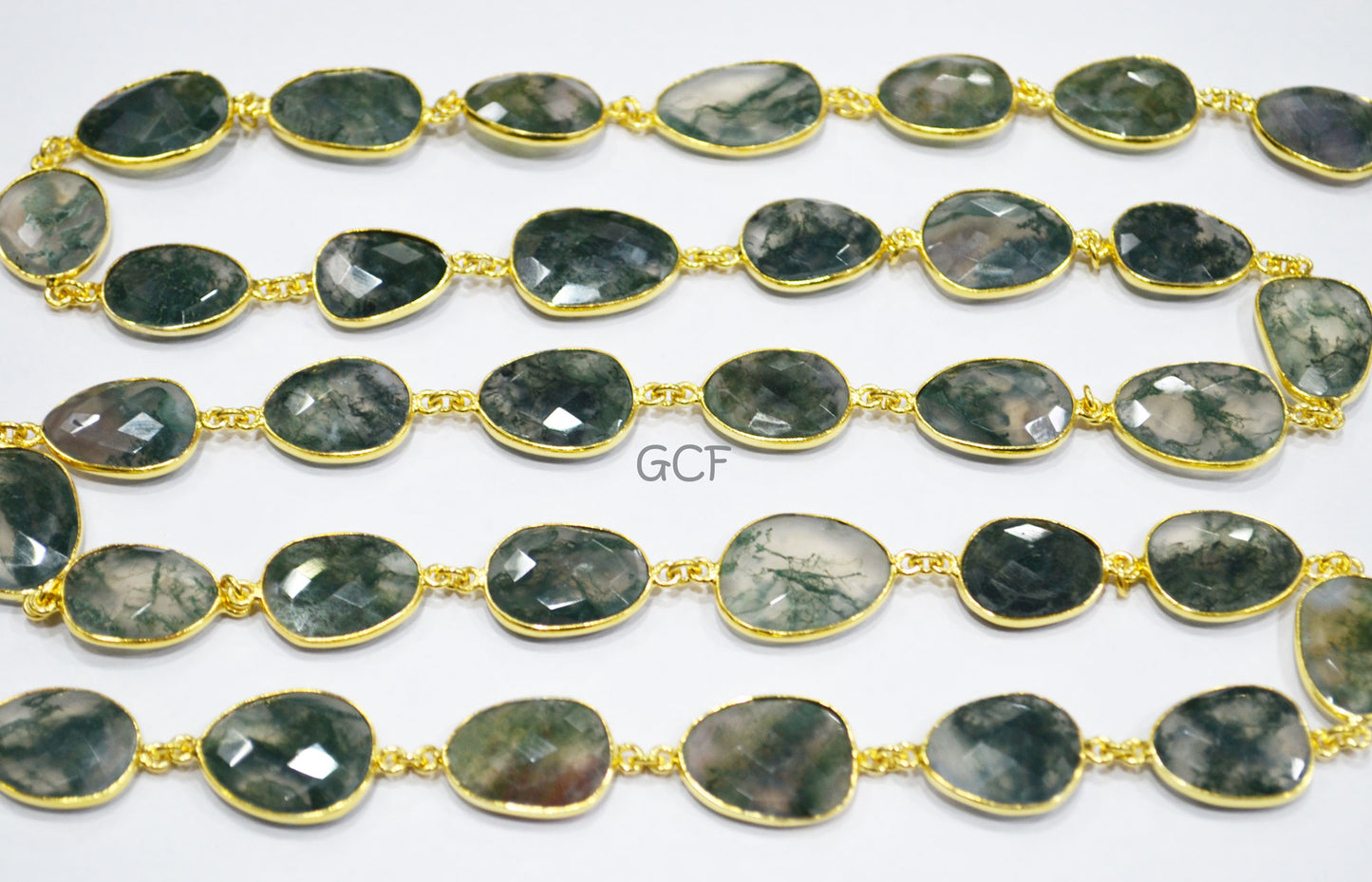 Moss Ocean Agate Faceted Free Form Connector Chain , Moss Ocean Agate Slice Shape Bezel Link Chain , 14x17 - 17x22 mm , 6890