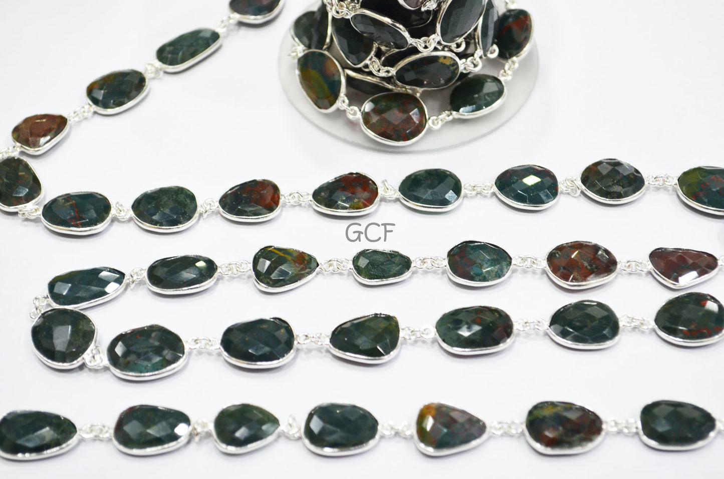 Red Green Blood Stone Faceted Free Form Connector Chain , Red Green Blood Stone Bezel Link Chain , 12x14 - 16x19 mm , 6891