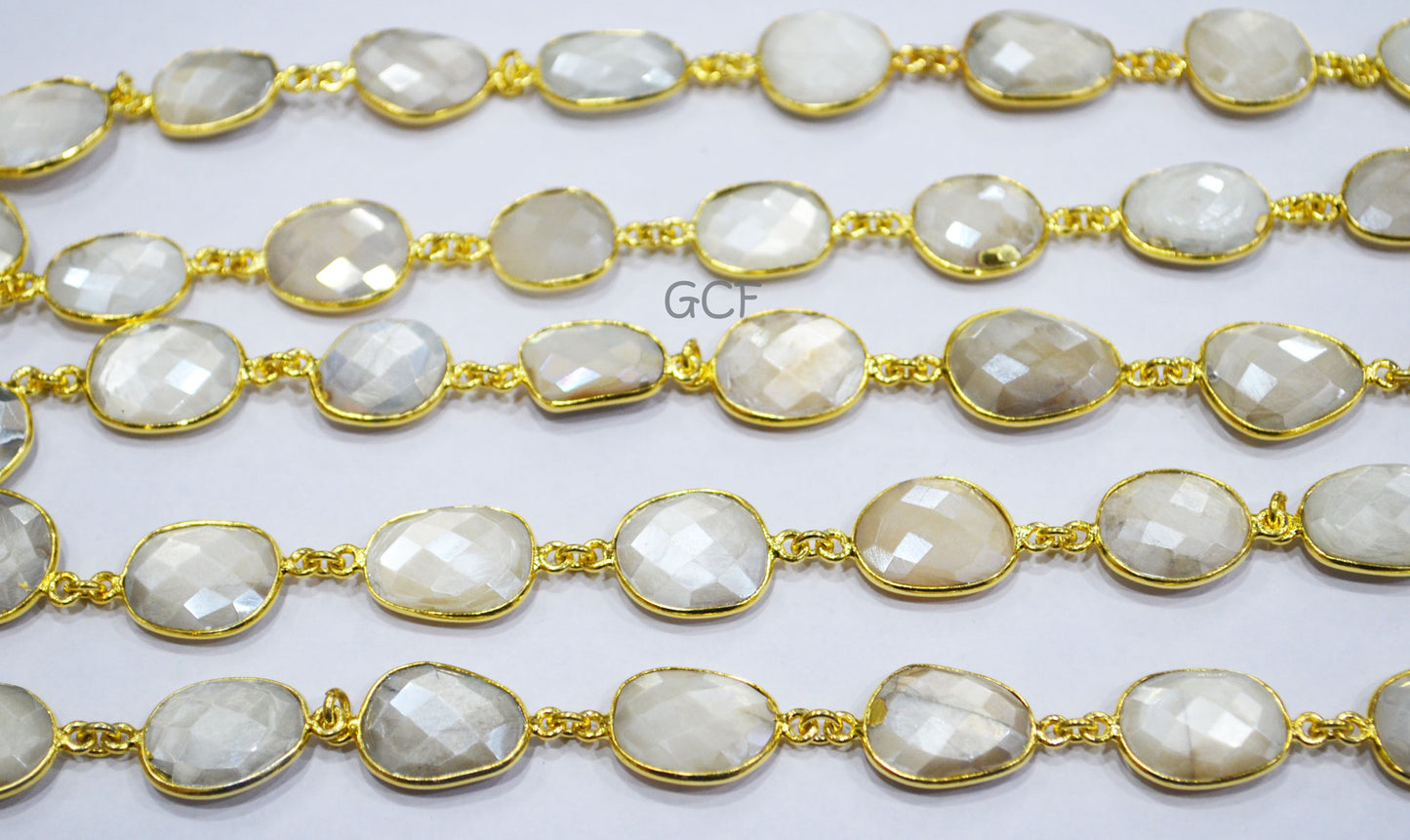 Silverite AB Moonstone Faceted Free Form Connector Chain , Silverite AB Moonstone Bezel Link Chain , 12x15 - 14x16 mm , 6893