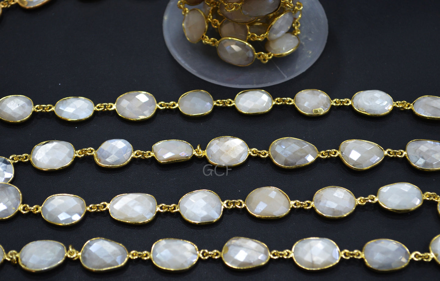 Silverite AB Moonstone Faceted Free Form Connector Chain , Silverite AB Moonstone Bezel Link Chain , 12x15 - 14x16 mm , 6893