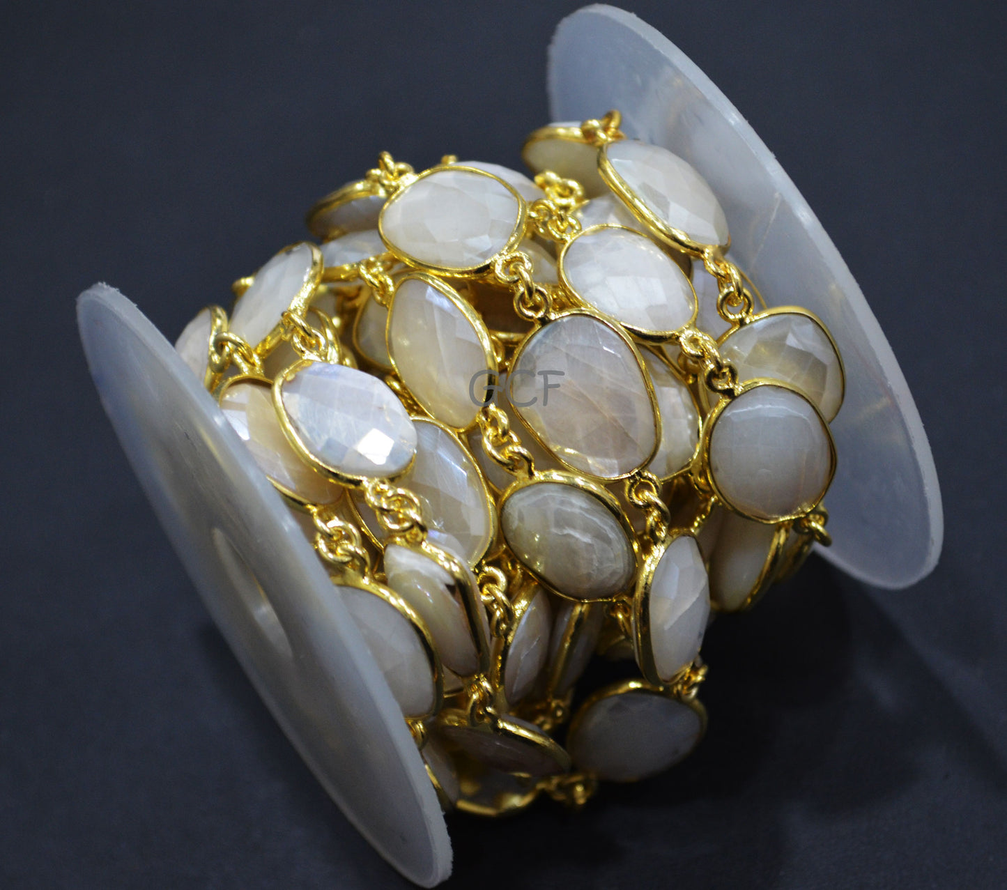 Silverite AB Moonstone Faceted Free Form Connector Chain , Silverite AB Moonstone Bezel Link Chain , 12x15 - 14x16 mm , 6893