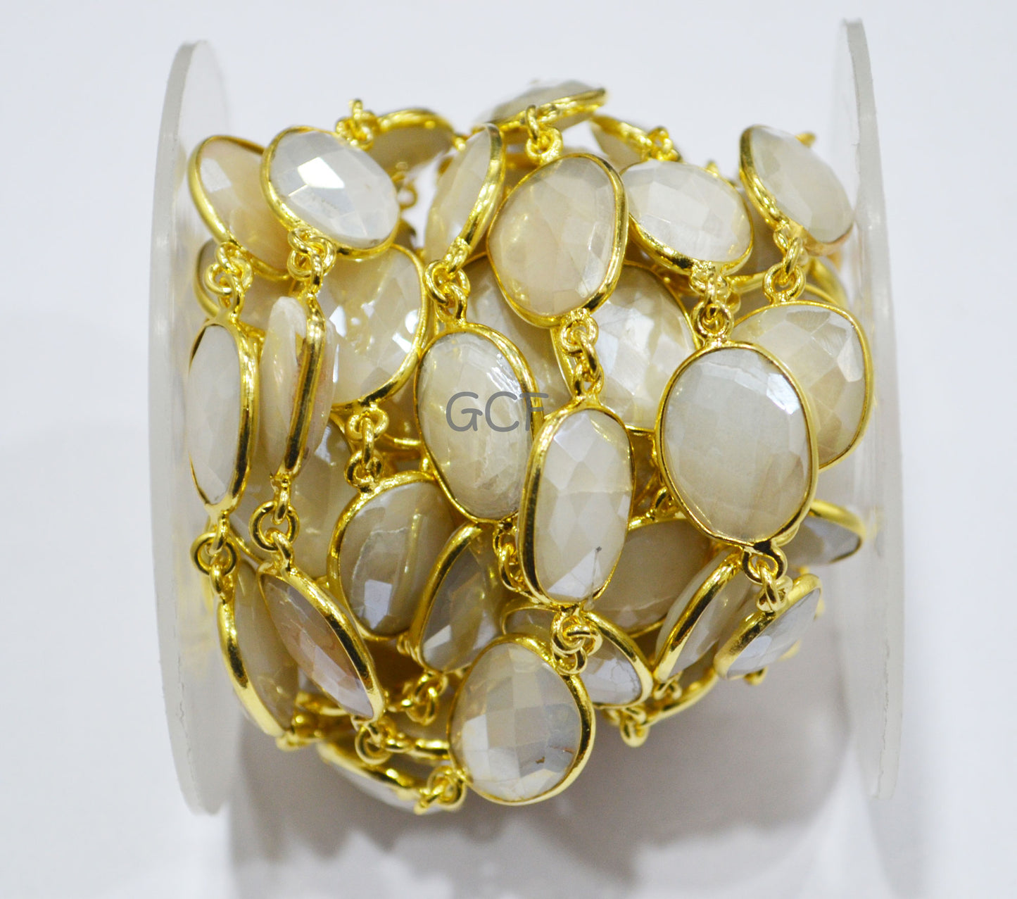 Silverite AB Moonstone Faceted Free Form Connector Chain , Silverite AB Moonstone Bezel Link Chain , 12x15 - 14x16 mm , 6893