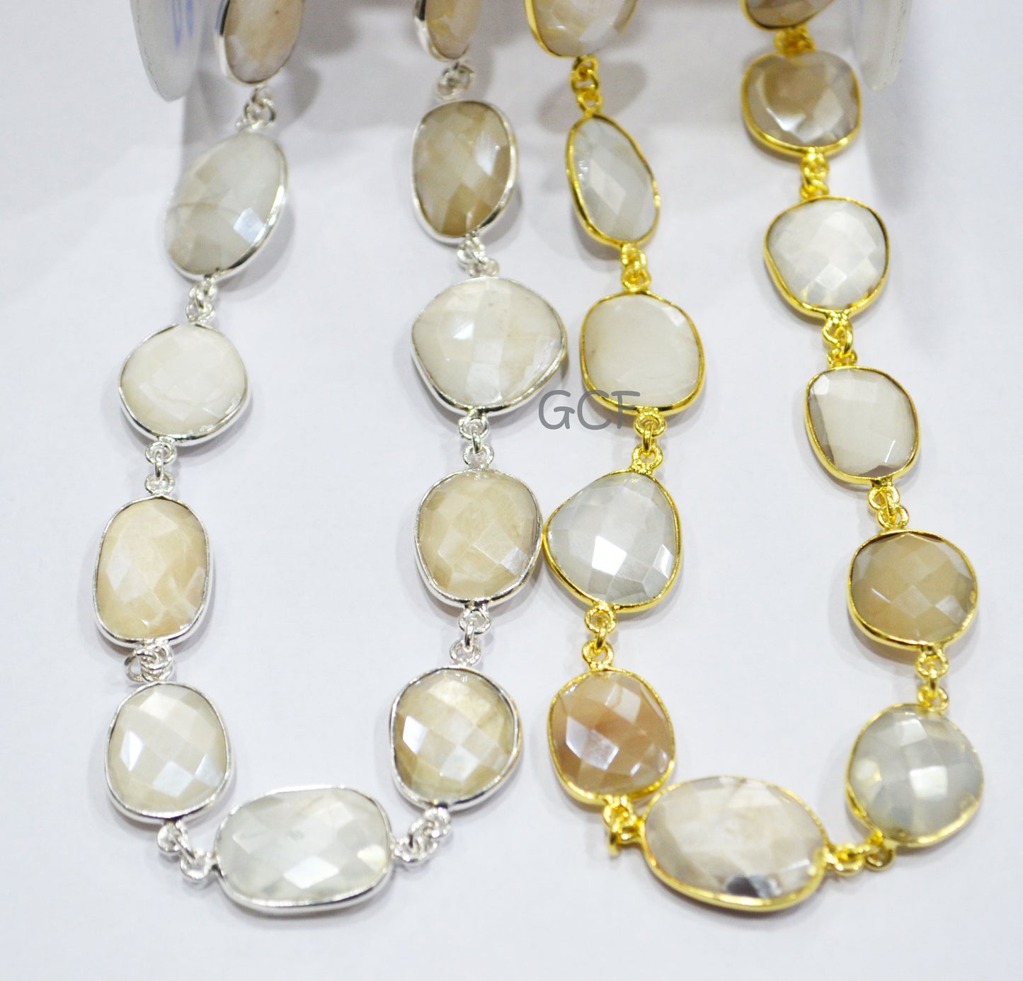Silverite AB Moonstone Faceted Free Form Connector Chain , Silverite AB Moonstone Bezel Link Chain , 13x16 - 16x20 mm , 6894