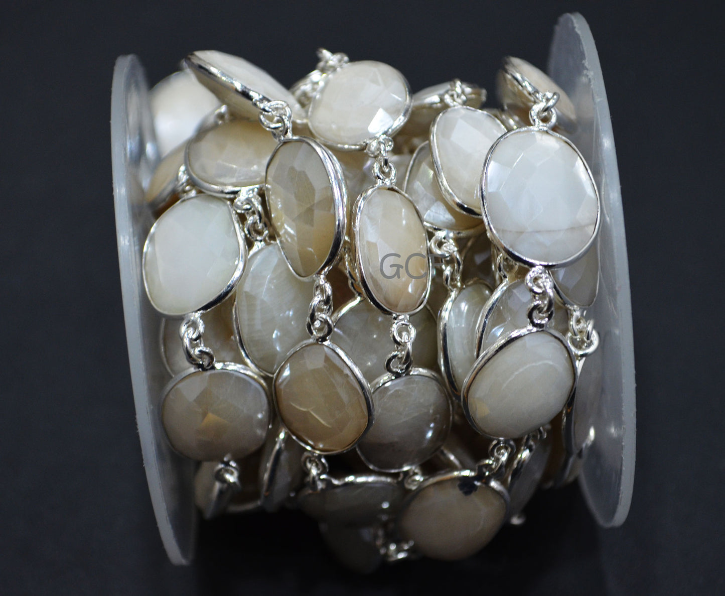 Silverite AB Moonstone Faceted Free Form Connector Chain , Silverite AB Moonstone Bezel Link Chain , 13x16 - 16x20 mm , 6894