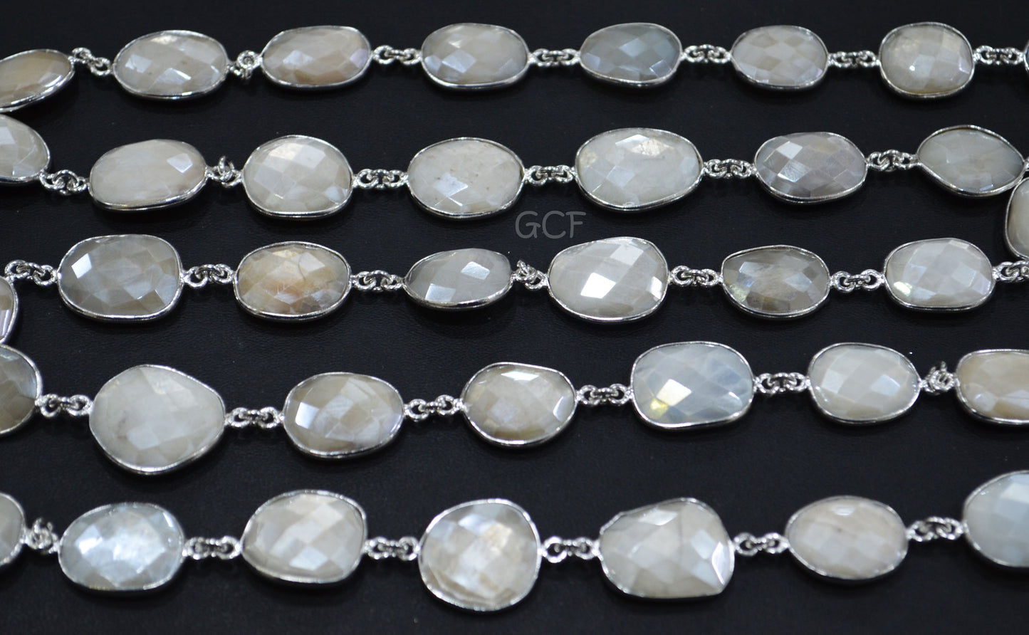 Silverite AB Moonstone Faceted Free Form Connector Chain , Silverite AB Moonstone Bezel Link Chain , 13x16 - 16x20 mm , 6894