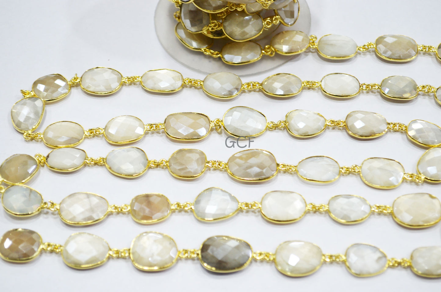 Silverite AB Moonstone Faceted Free Form Connector Chain , Silverite AB Moonstone Bezel Link Chain , 13x16 - 16x20 mm , 6894
