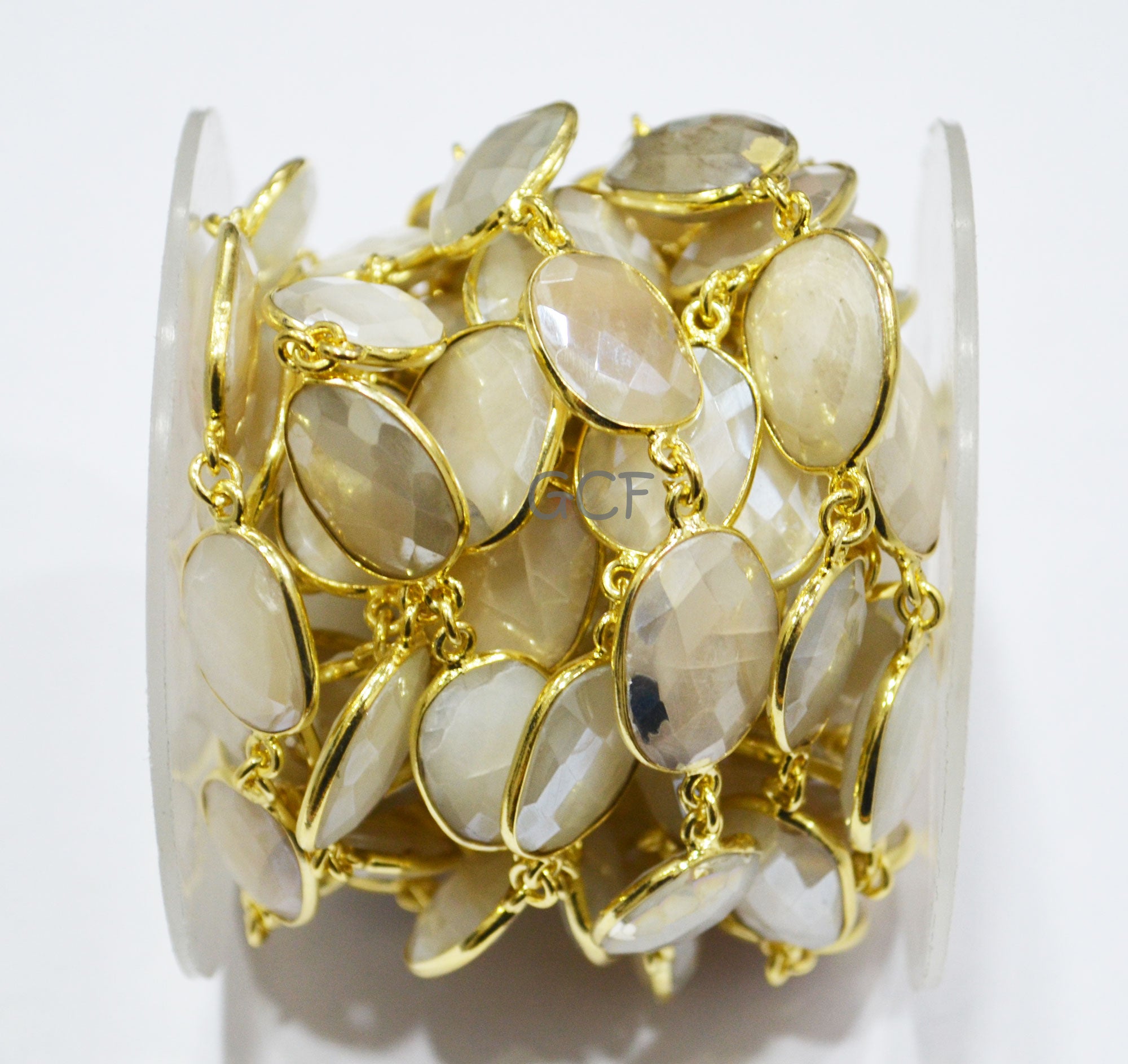 Silverite AB Moonstone Faceted Free Form Connector Chain , Silverite AB Moonstone Bezel Link Chain , 13x16 - 16x20 mm , 6894