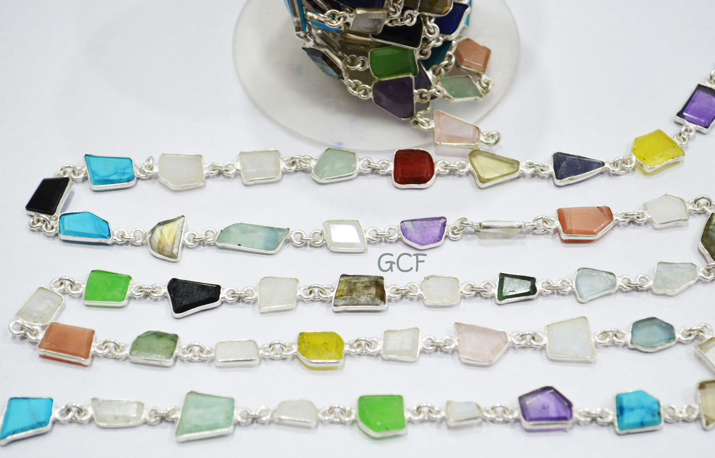 Multi Mix Gemstone Slice Cut Fancy Connector Chain , Multi Mix Gemstone Fancy Bezel Link Chain , 9x10 - 10x12 mm , 6895