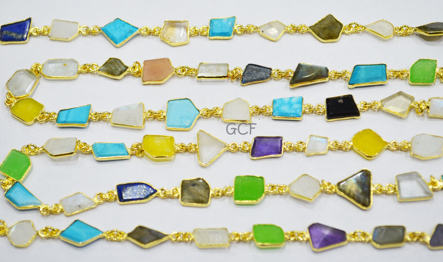 Multi Mix Gemstone Slice Cut Fancy Connector Chain , Multi Mix Gemstone Fancy Bezel Link Chain , 9x10 - 10x12 mm , 6895