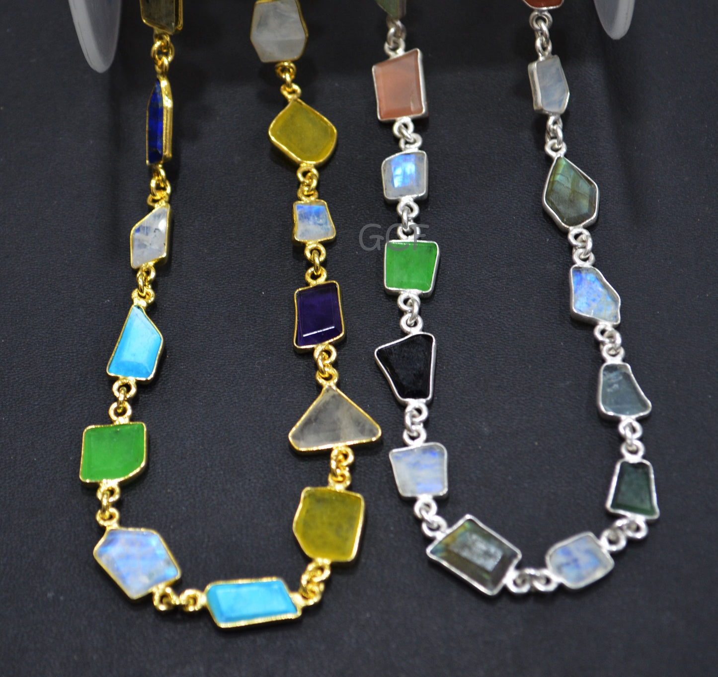 Multi Mix Gemstone Slice Cut Fancy Connector Chain , Multi Mix Gemstone Fancy Bezel Link Chain , 9x10 - 10x12 mm , 6895