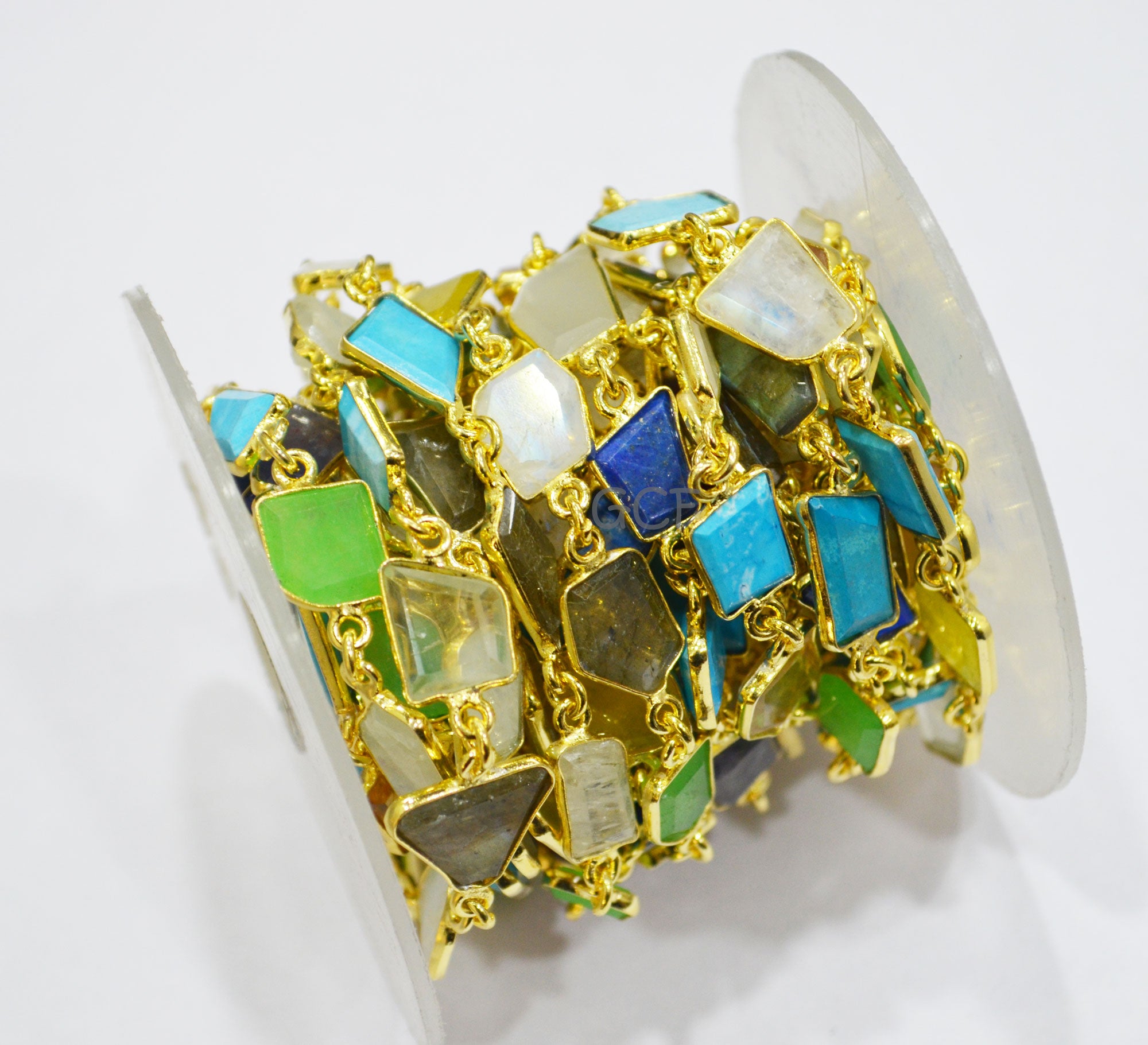 Multi Mix Gemstone Slice Cut Fancy Connector Chain , Multi Mix Gemstone Fancy Bezel Link Chain , 9x10 - 10x12 mm , 6895