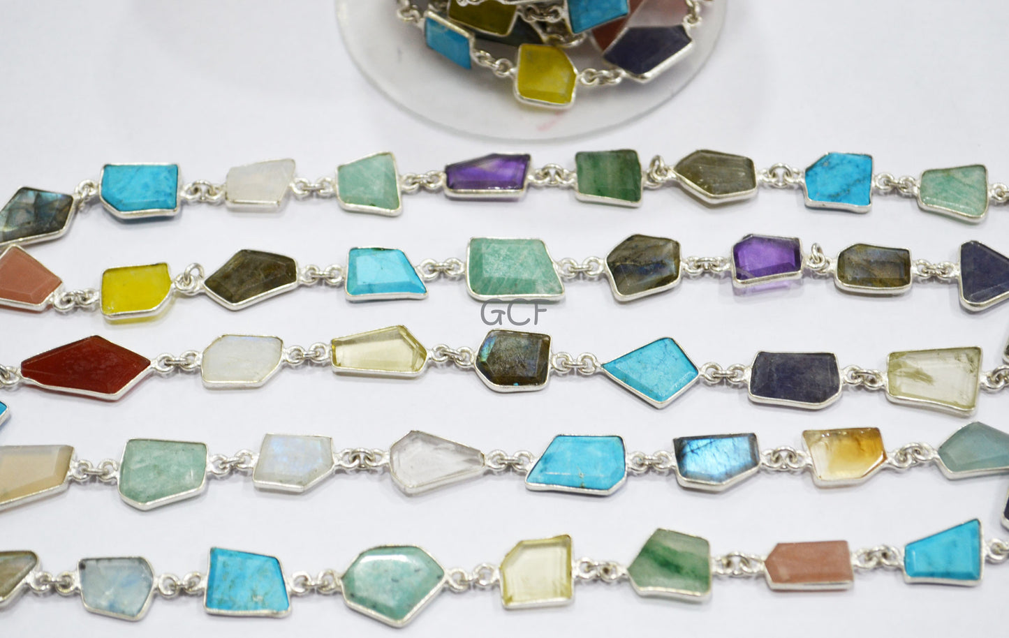 Multi Mix Gemstone Slice Cut Fancy Connector Chain , Multi Mix Gemstone Fancy Bezel Link Chain , 10x13 - 11x16 mm , 6896