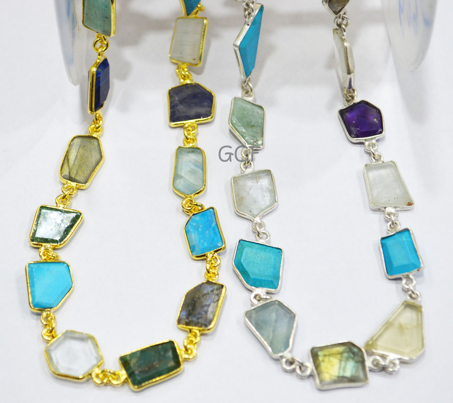 Multi Mix Gemstone Slice Cut Fancy Connector Chain , Multi Mix Gemstone Fancy Bezel Link Chain , 10x13 - 11x16 mm , 6896