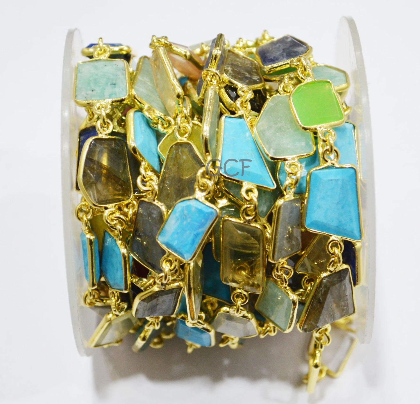 Multi Mix Gemstone Slice Cut Fancy Connector Chain , Multi Mix Gemstone Fancy Bezel Link Chain , 10x13 - 11x16 mm , 6896